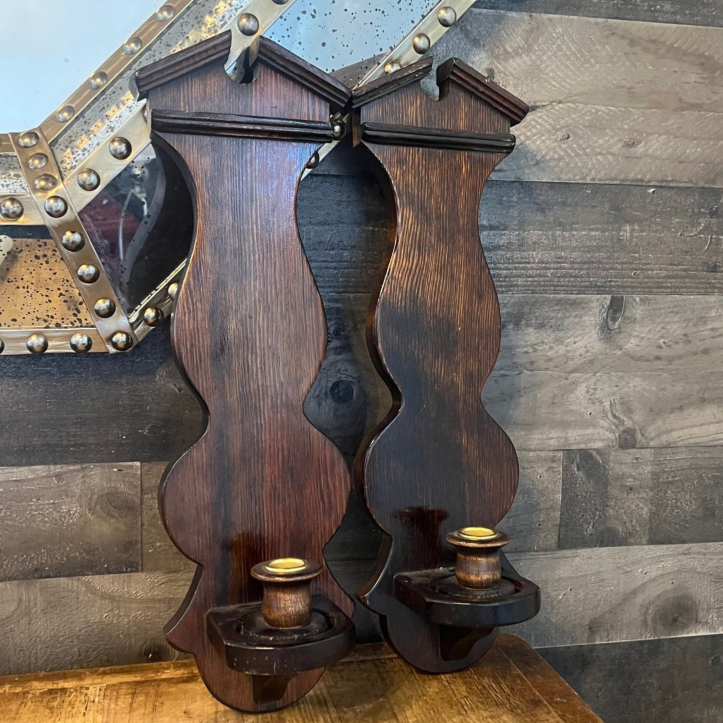 Vintage Pair of Wooden Candlestick Wall Sconces