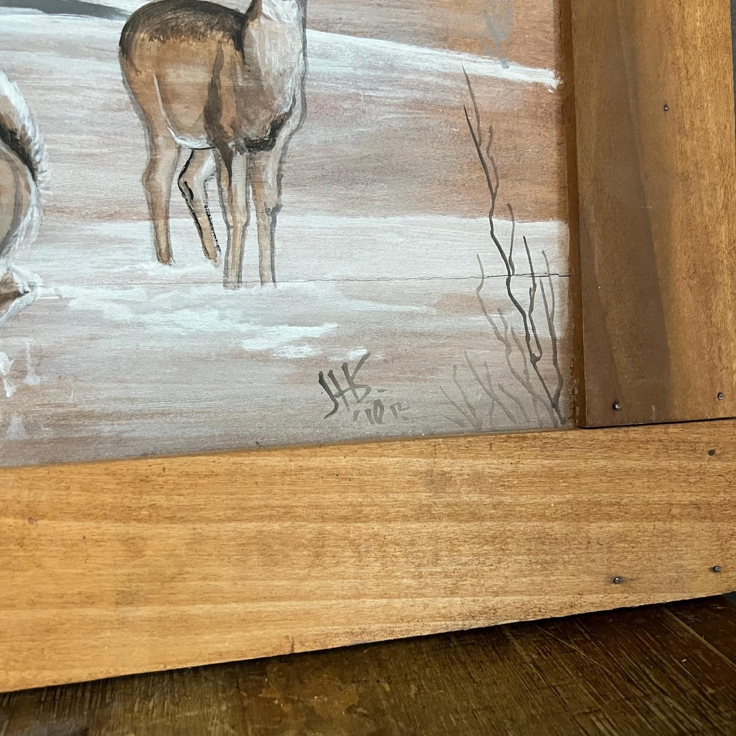 Vintage Rectangular Rustic Painted Wood Winter Forest Deer Scene