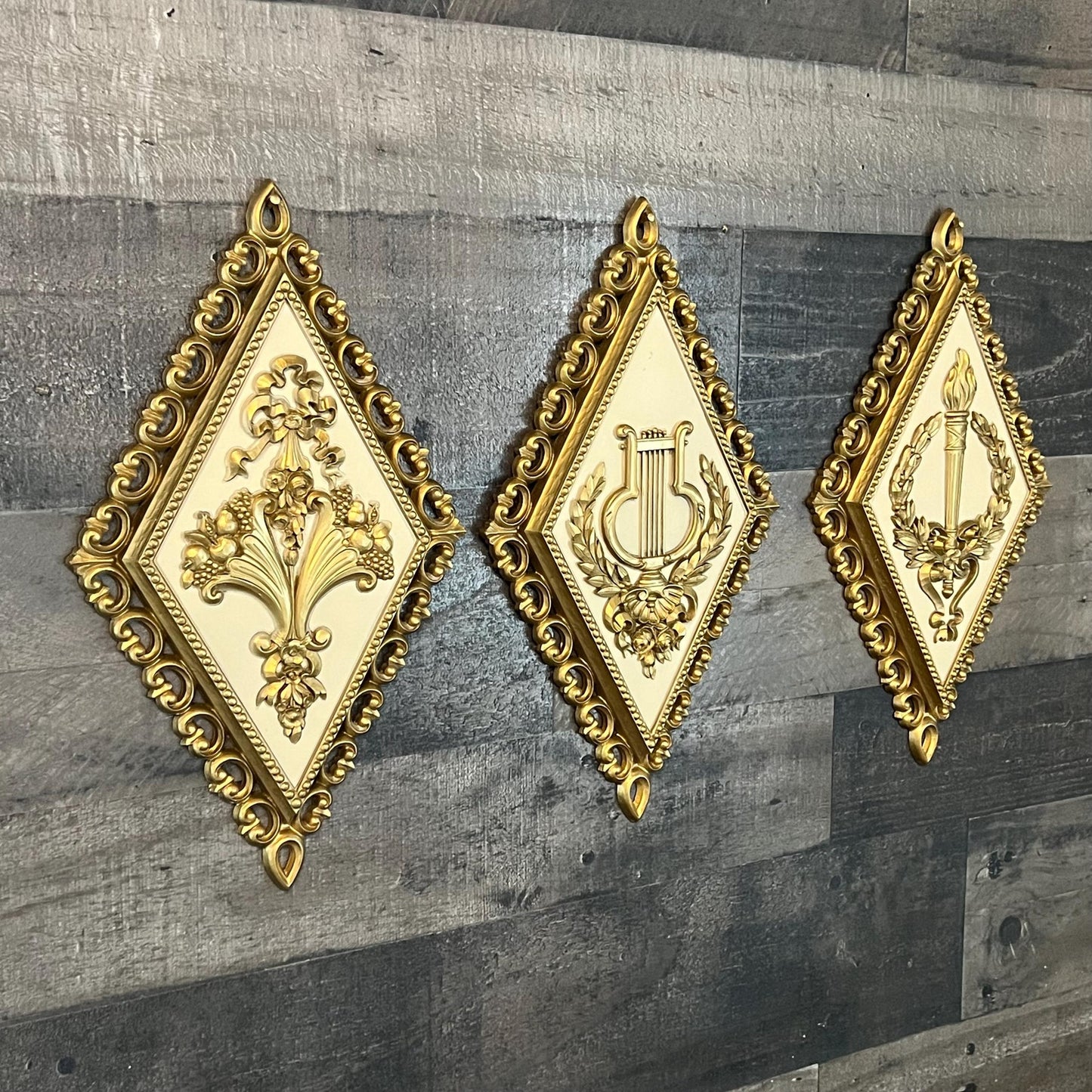 Vintage Homco Diamond Shaped Gold and Beige Tone Wall Plaques - Set of 3
