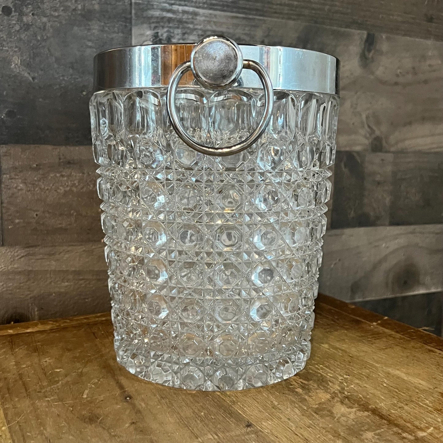 Vintage Crystal Glass Ice Bucket with Silver Tone Rim and Handles - Champagne Cooler - Bottle Chiller