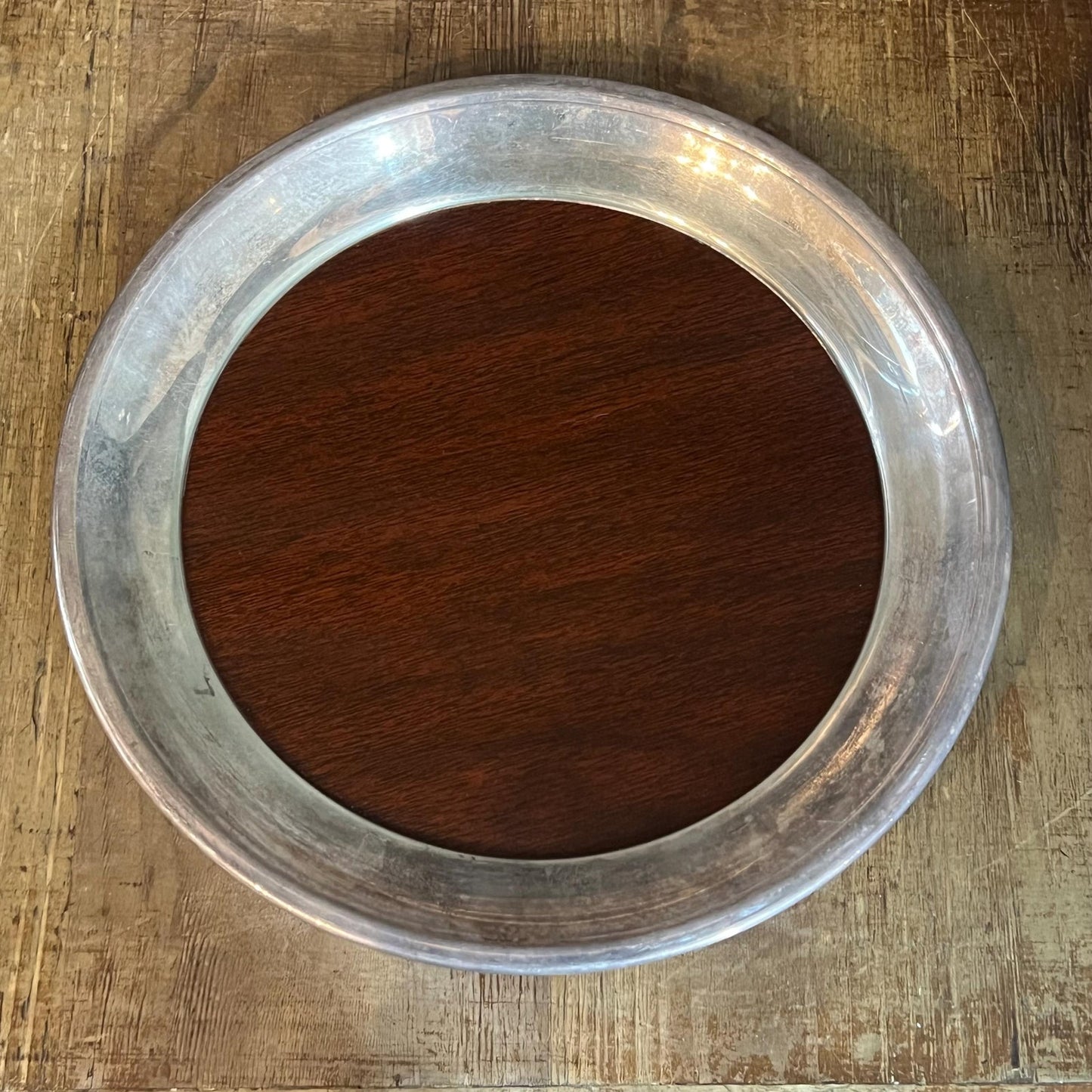 Vintage F B Rogers Silver Co Silverplated and Wood Grain Round Tray