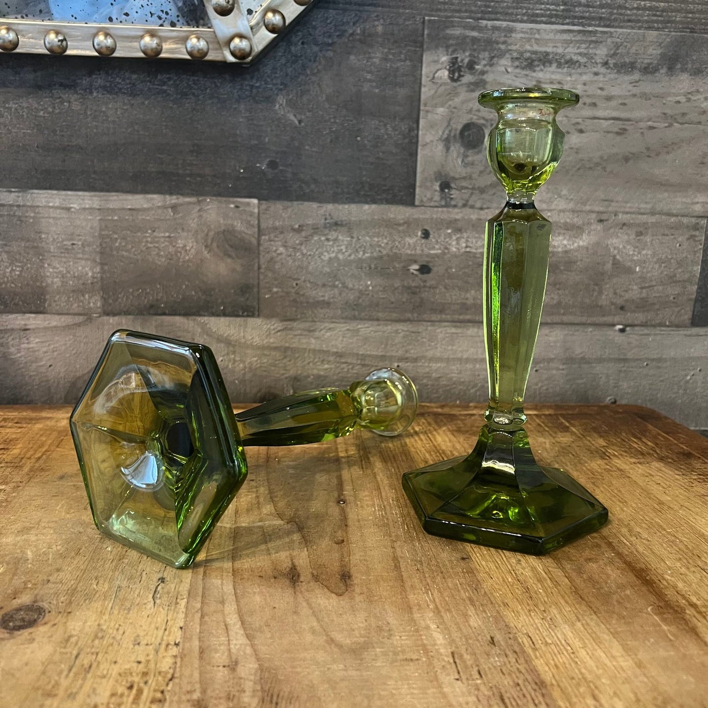 Fenton Northwood Green Glass Candlestick Holders - Pair