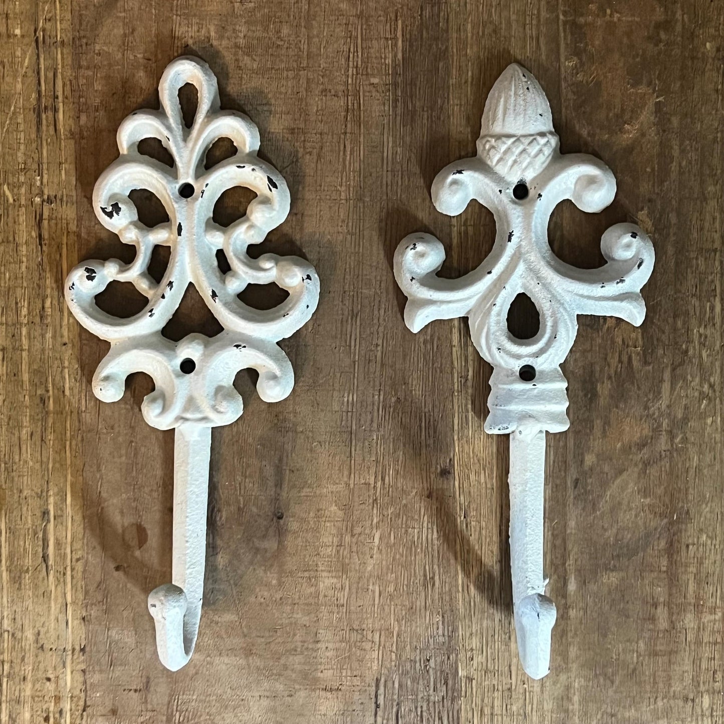 2 Vintage Painted White Cast Iron Wall Hooks