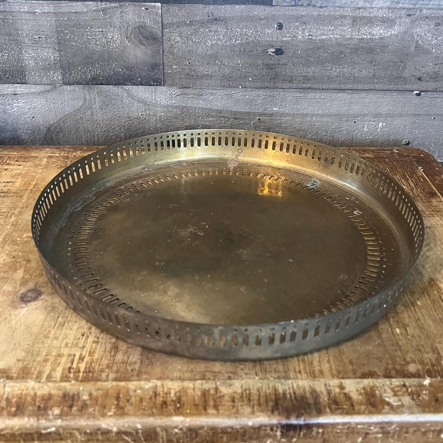 Vintage Brass Round Tray with Reticulated Edge