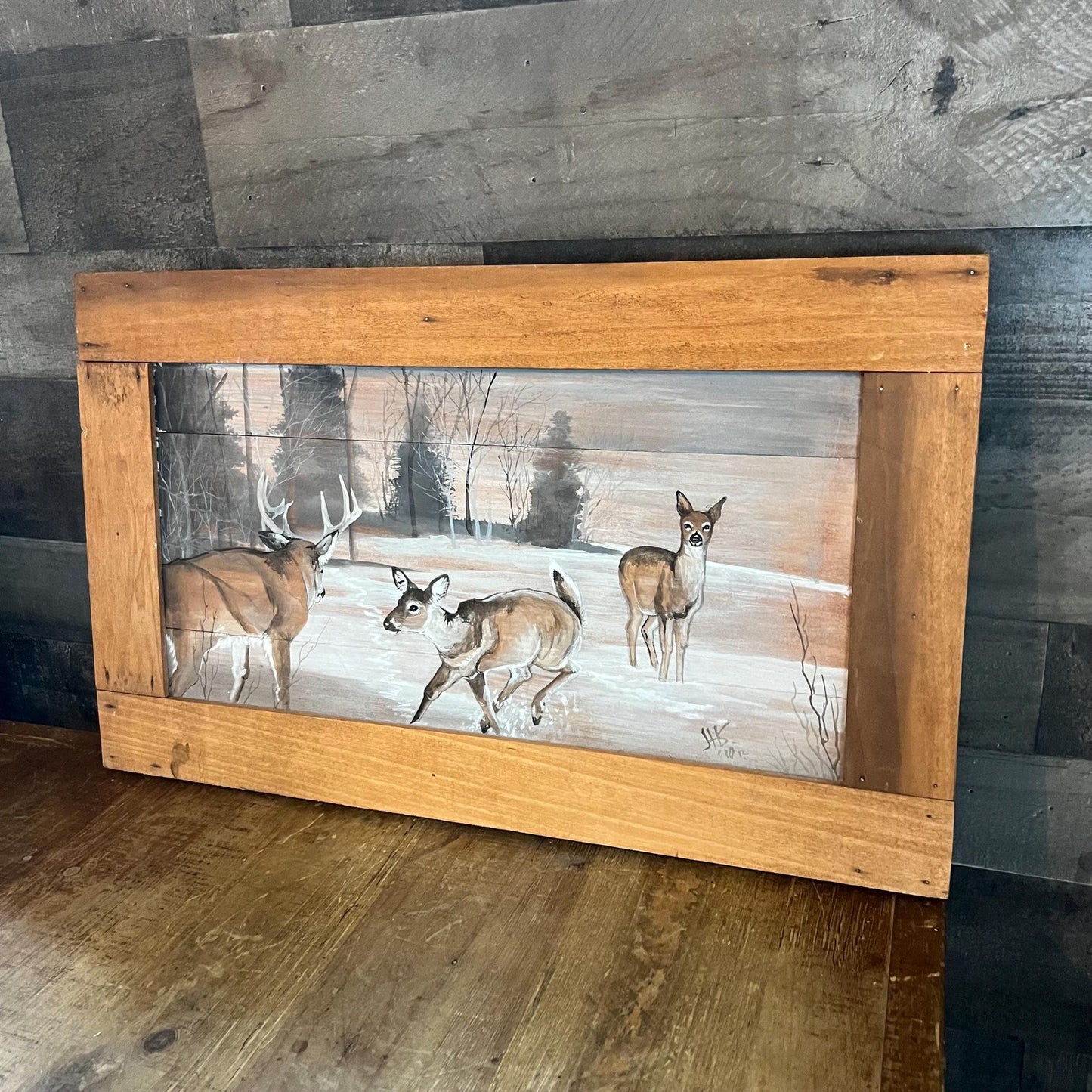 Vintage Rectangular Rustic Painted Wood Winter Forest Deer Scene