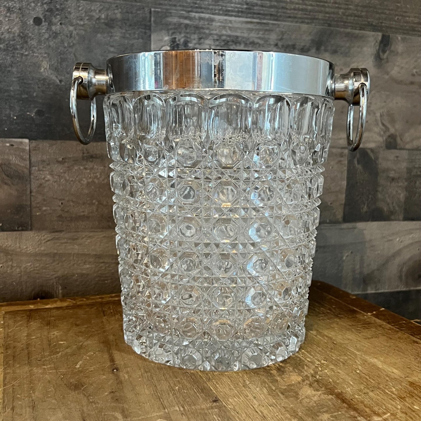 Vintage Crystal Glass Ice Bucket with Silver Tone Rim and Handles - Champagne Cooler - Bottle Chiller