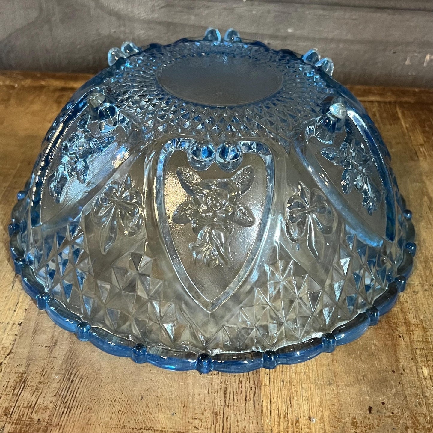 Vintage Blue Glass Footed Scallop Rim Rose and Diamond Point Bowl