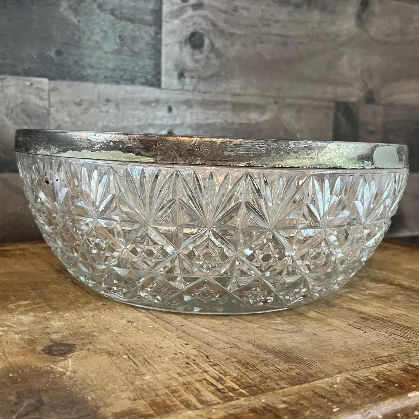 Large Crystal Bowl with Silverplated Rim