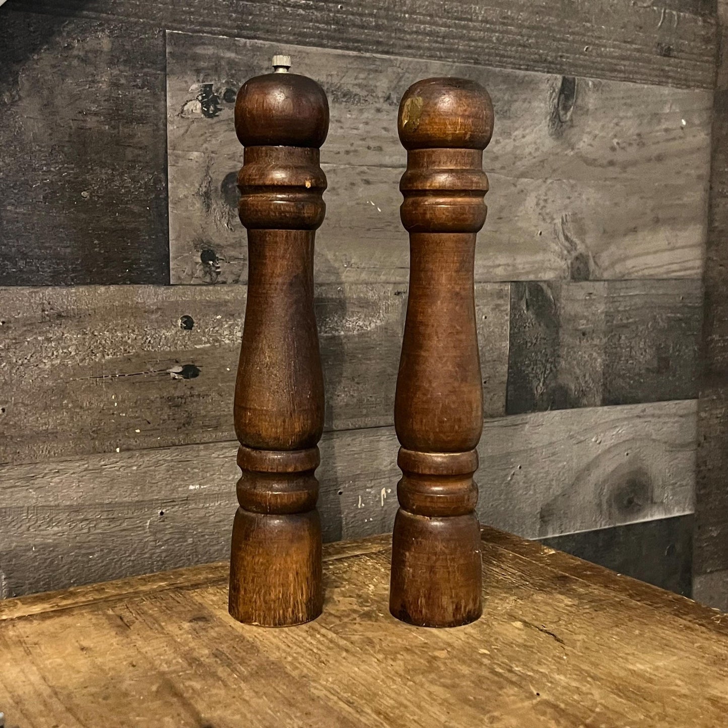 Vintage Tall Wooden Pepper Grinder and Salt Shaker