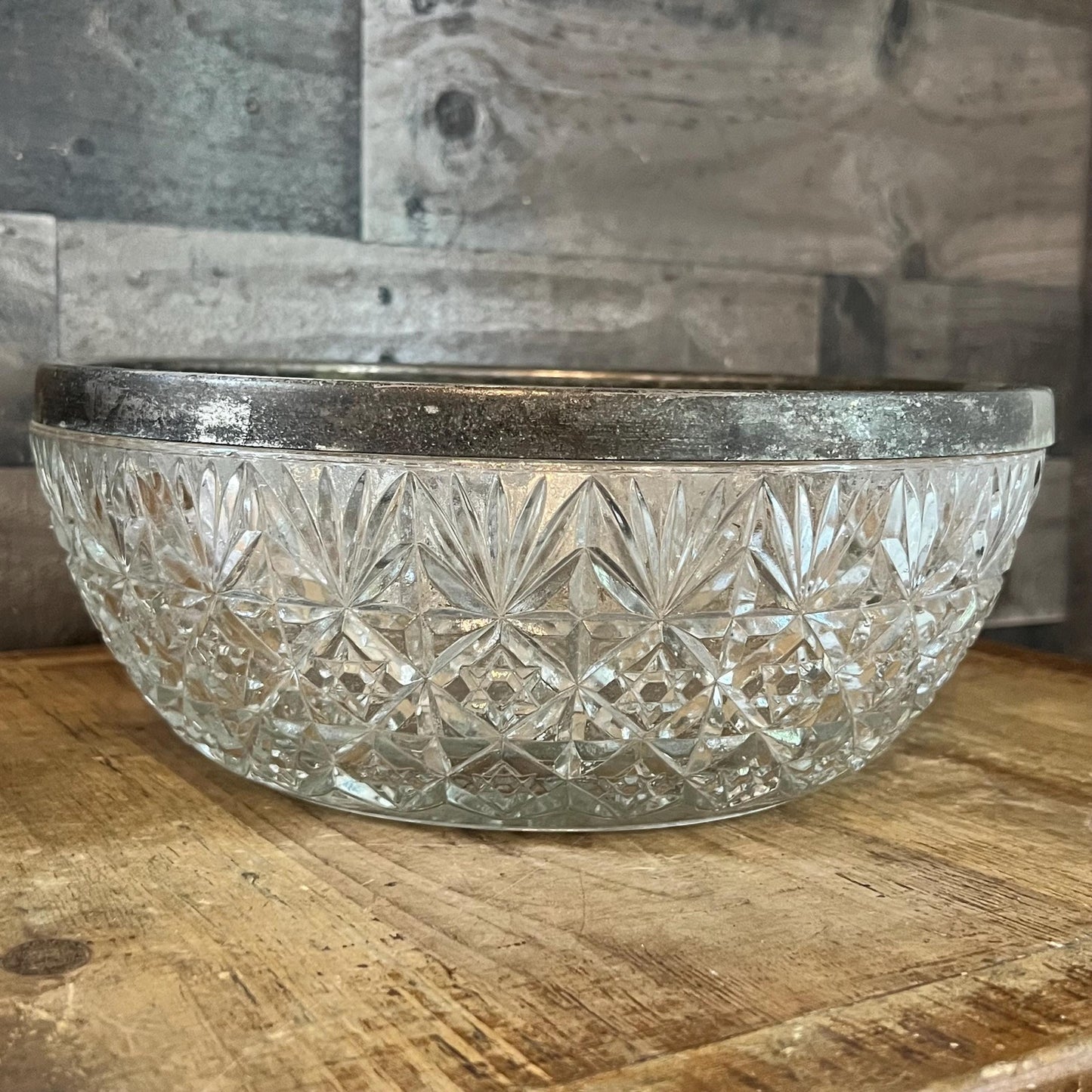 Large Crystal Bowl with Silverplated Rim