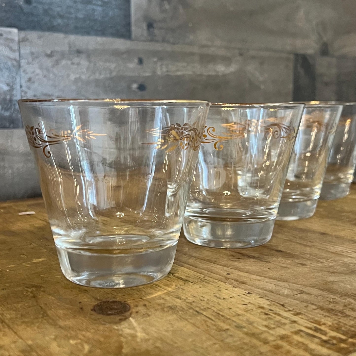 Vintage MCM Homer Laughlin Gold Tone Leaf Design Low Ball Rocks Glasses - Set of 4