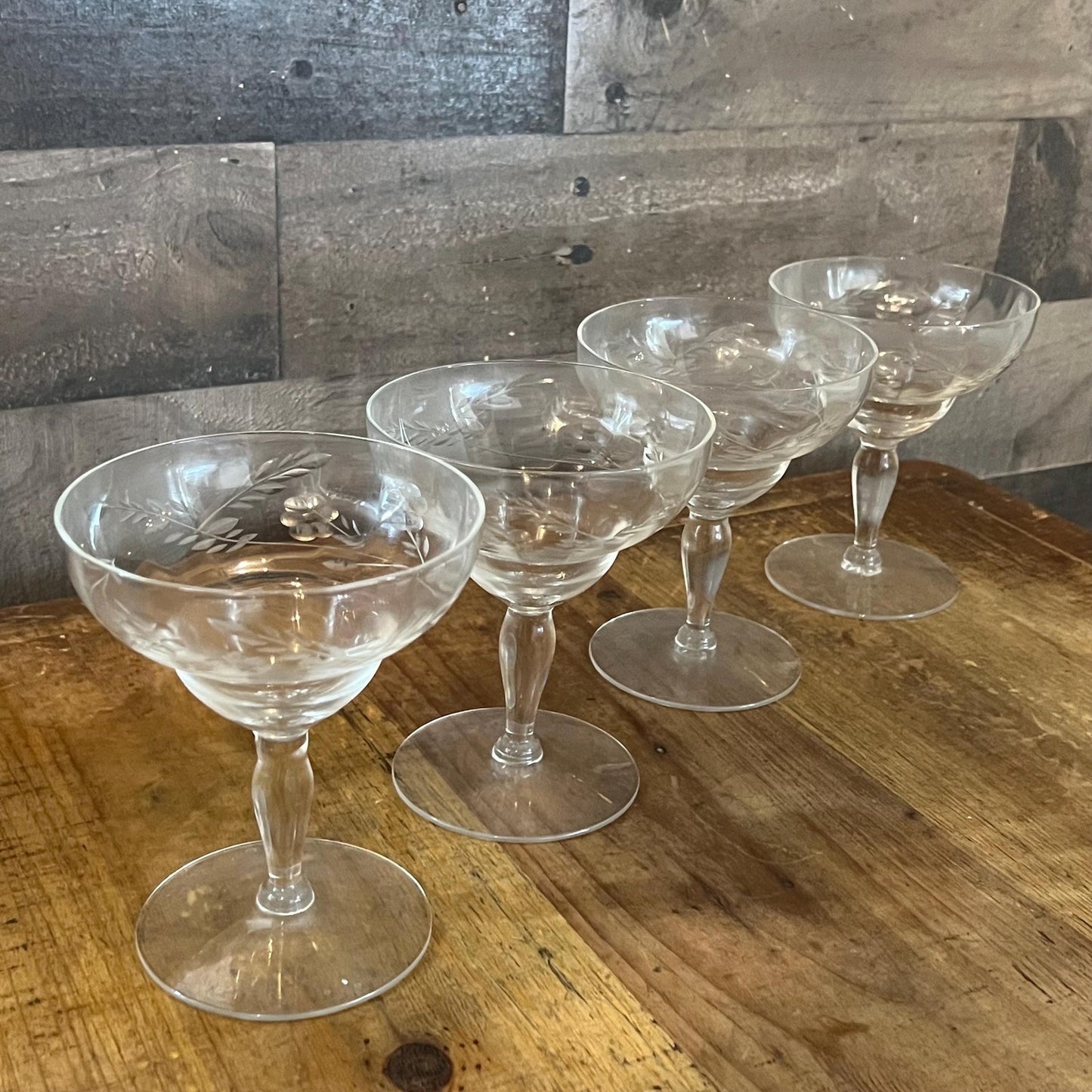 Vintage Set of 4 Crystal Floral and Leaf Etched Champagne Coupes - Cocktail Coupes