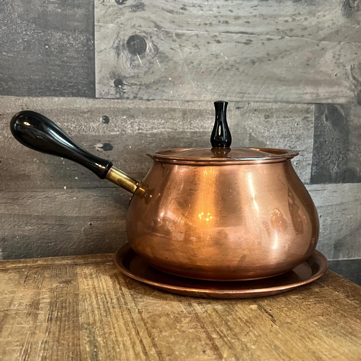 Vintage Taurus Copper Lidded Handled Pot with Copper Underplate - Made in Portugal