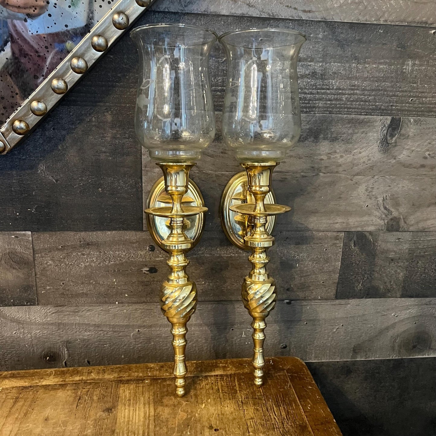 Vintage Pair of Brass Candlestick Holder Wall Sconces with Floral Etched Glass Hurricane Votives