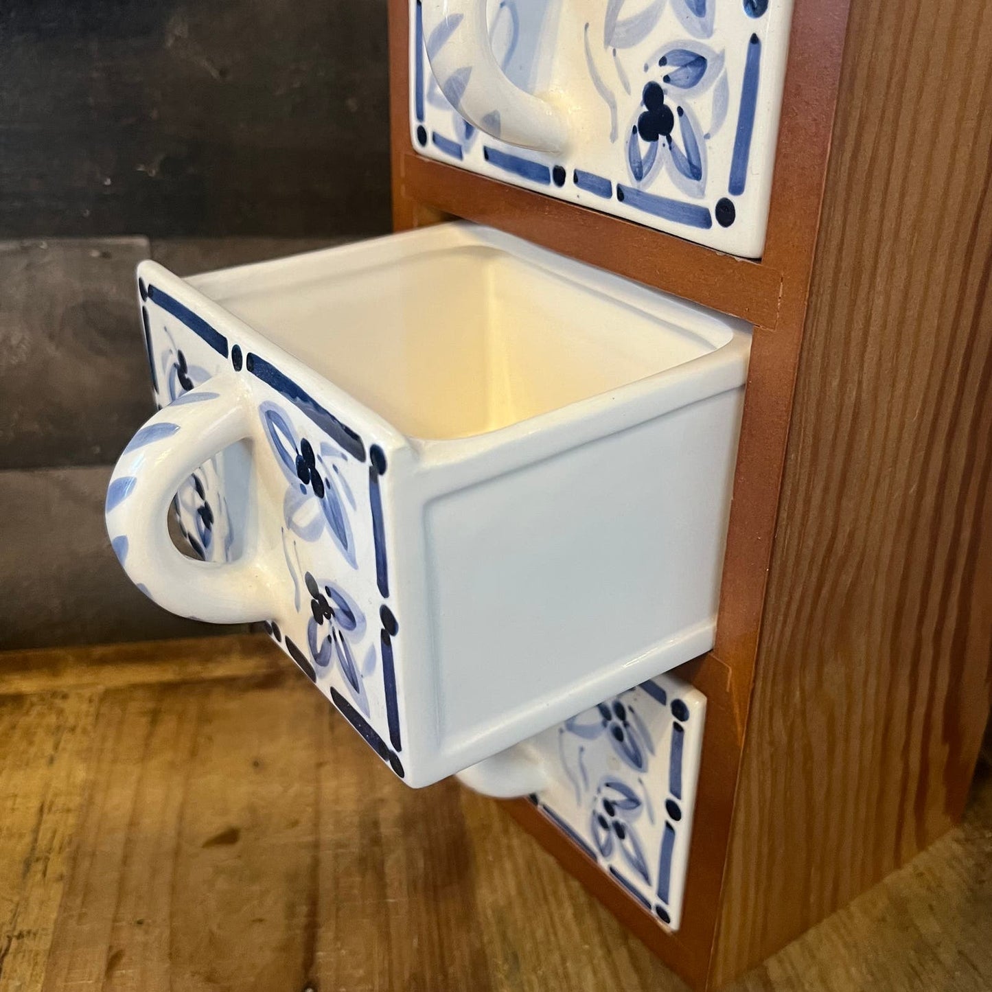 Vintage Wood Spice Cabinet Box with 3 White and Blue Ceramic Drawers