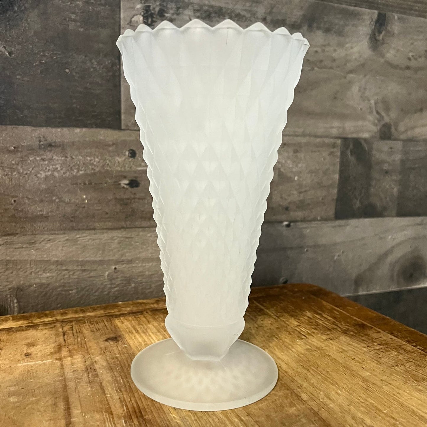 Vintage Satin Frosted Glass Diamond Point Pattern Footed Vase