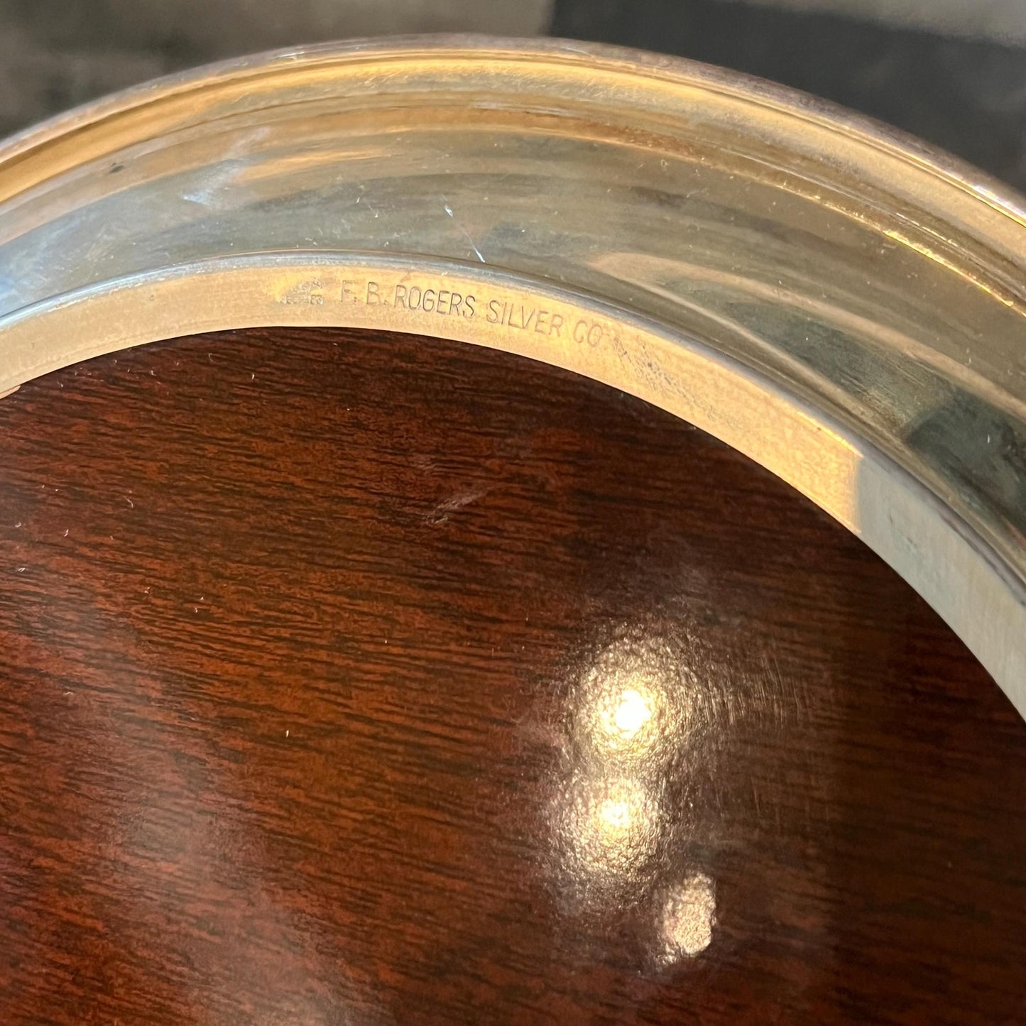 Vintage F B Rogers Silver Co Silverplated and Wood Grain Round Tray