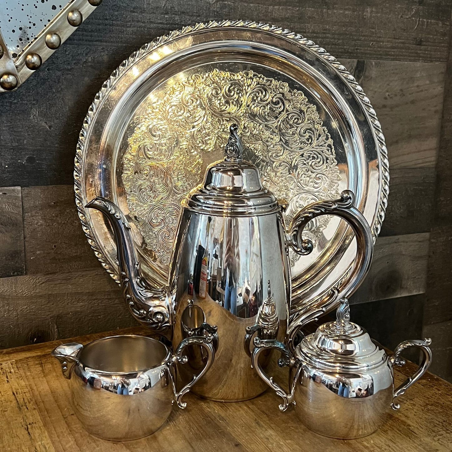 Vintage WM Rogers Silverplated Tea Set - Round Serving Tray, Teapot, Creamer Pour and Sugar Dish