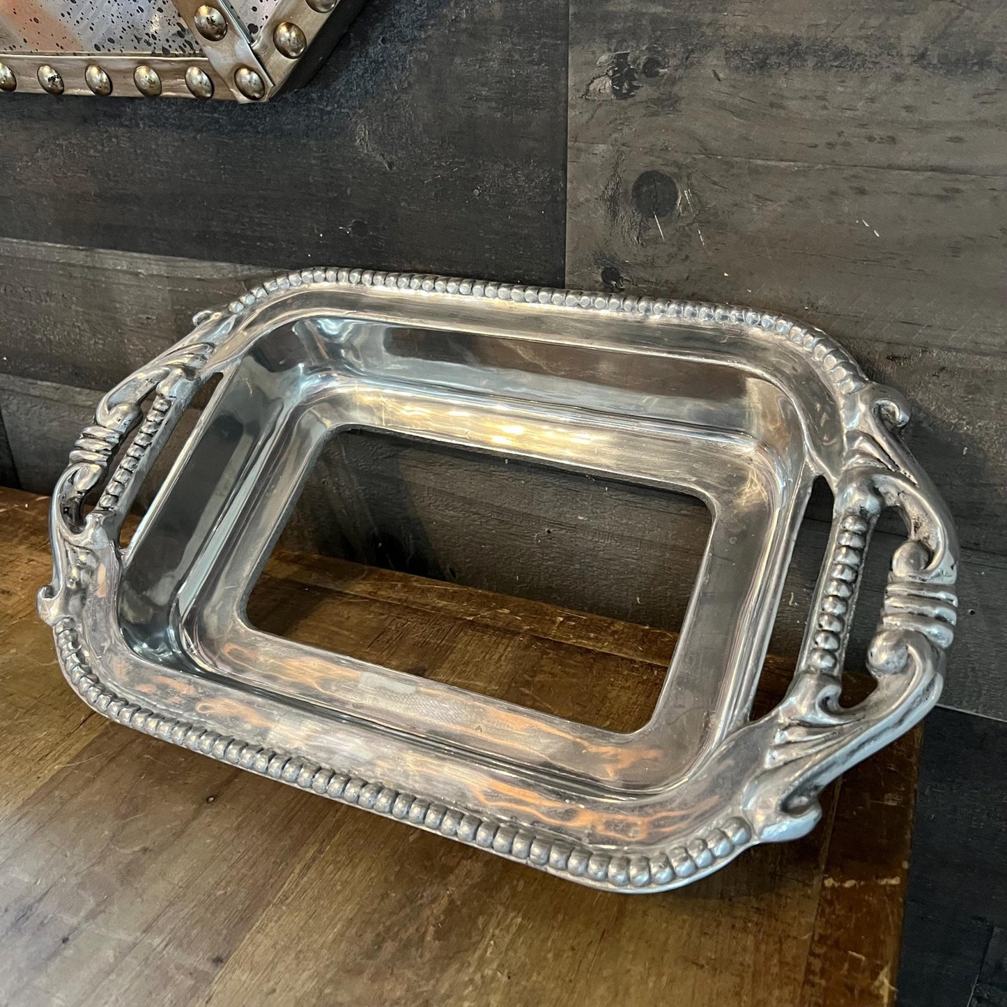Vintage Ornate Pewter Tone Handled Rectangular Casserole Dish Holder