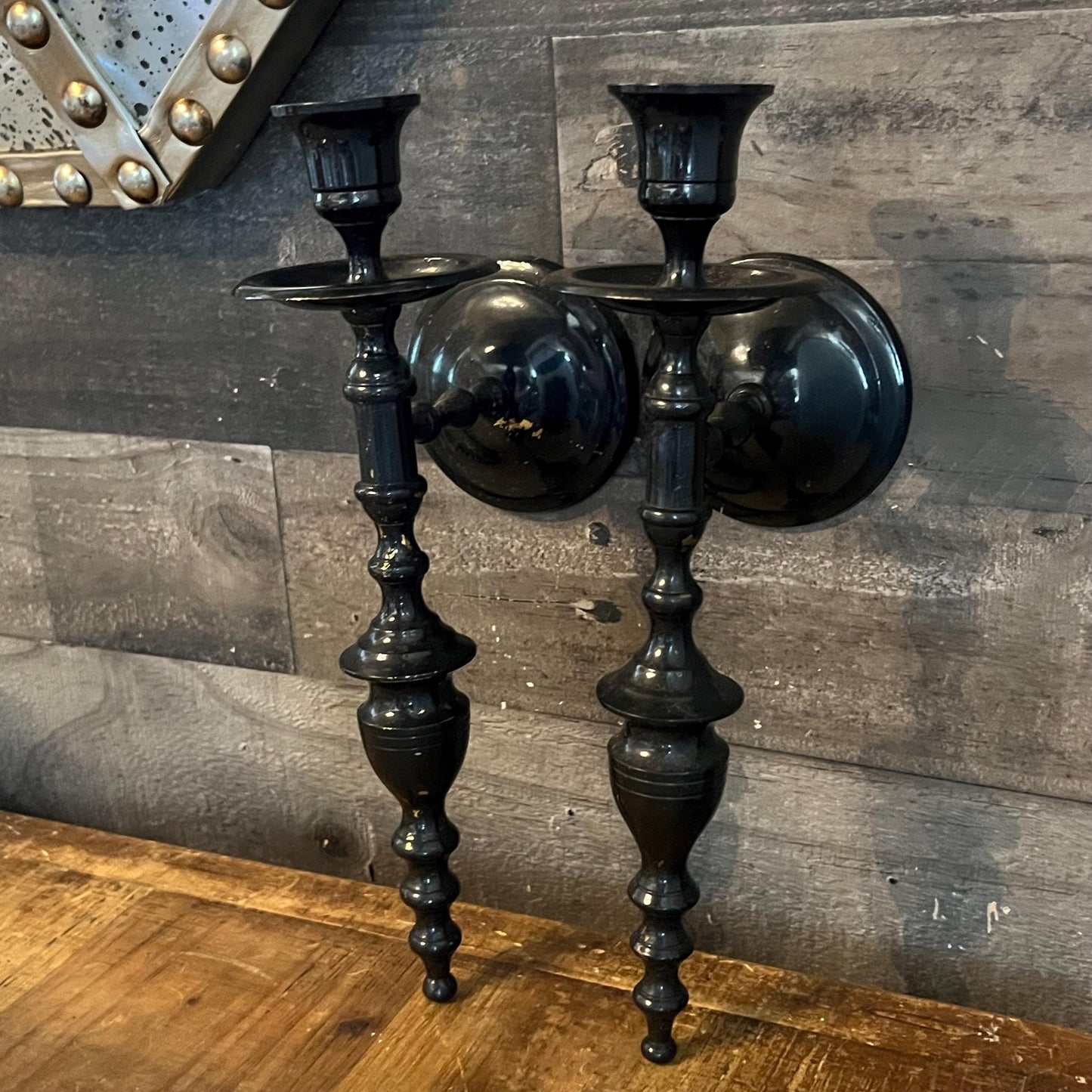 Vintage Black Painted Brass Candlestick Holder Wall Sconces - Pair
