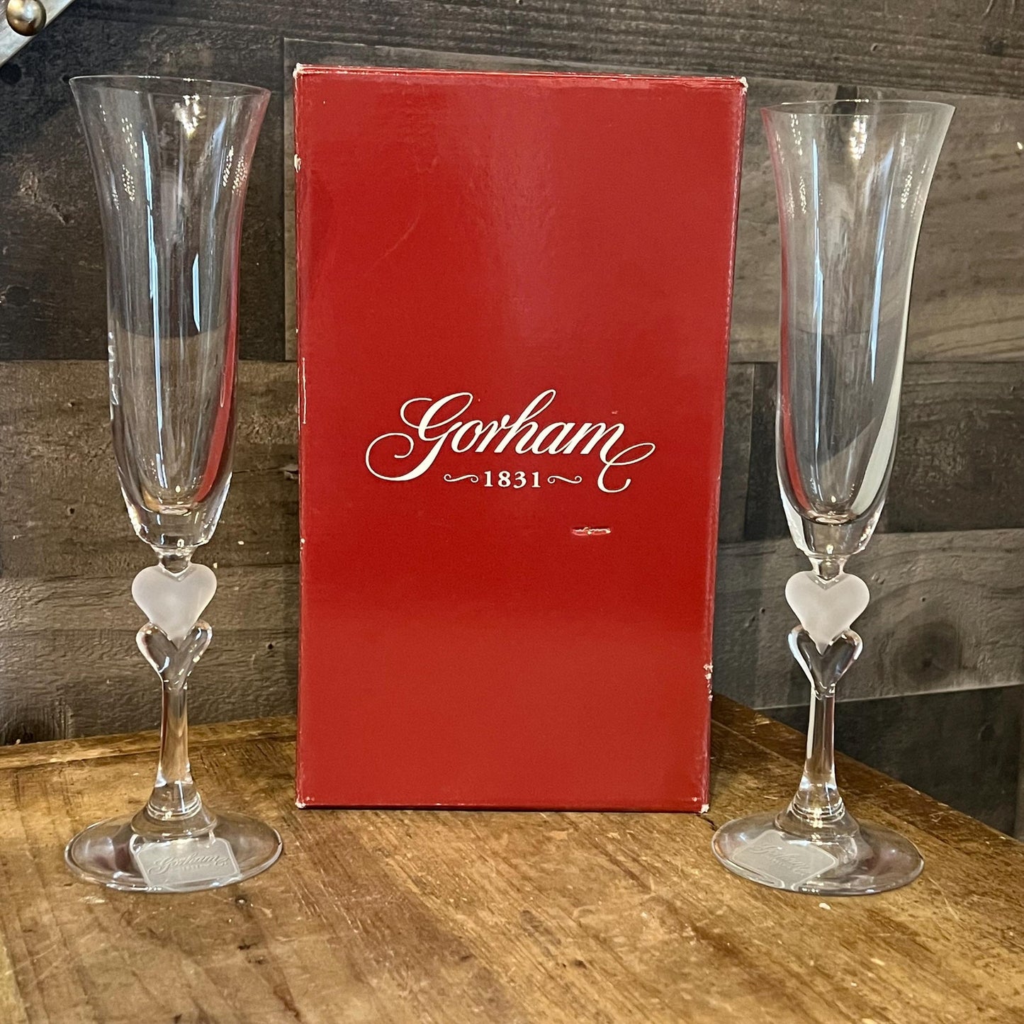 Gorham Crystal Heart Stem Amore Toasting Champagne Flutes - Pair