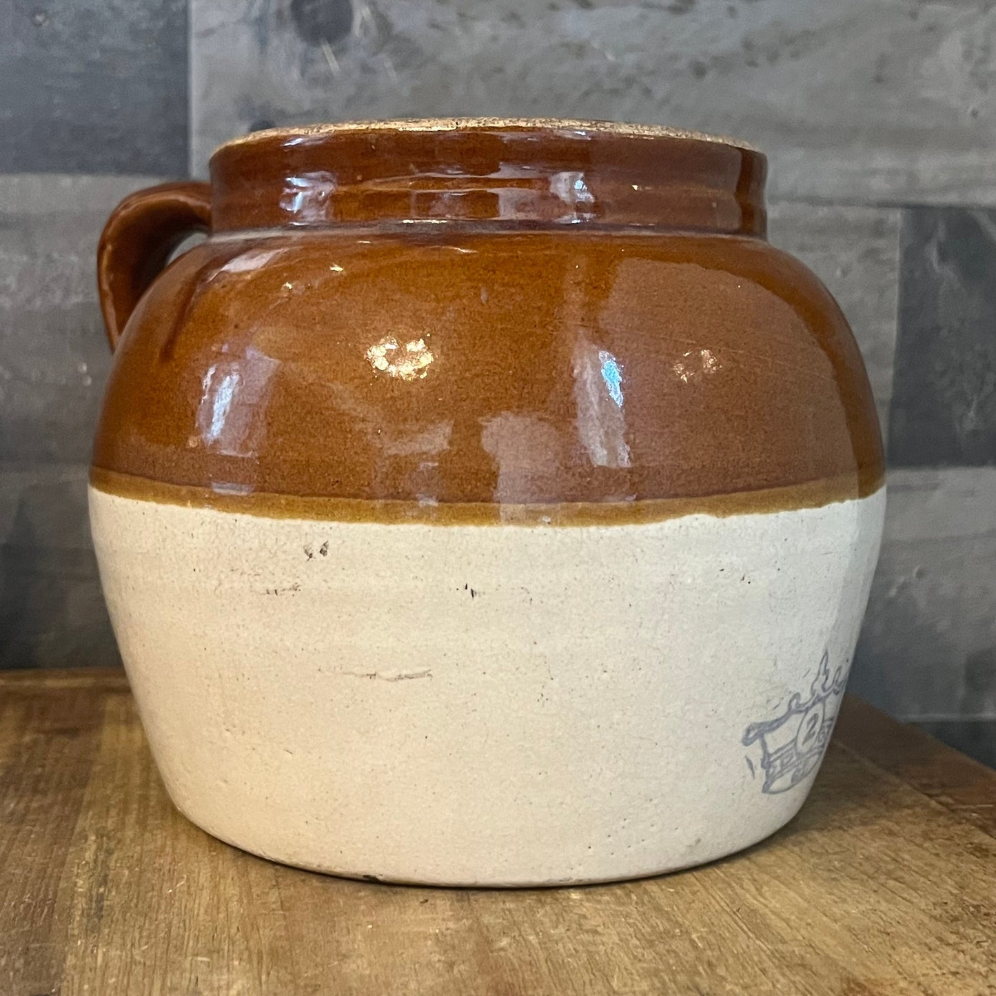 Vintage Blue Crown 2 Stamped Beige and Tan Two Tone Single Handle Crock - Bean Pot - USA Marking