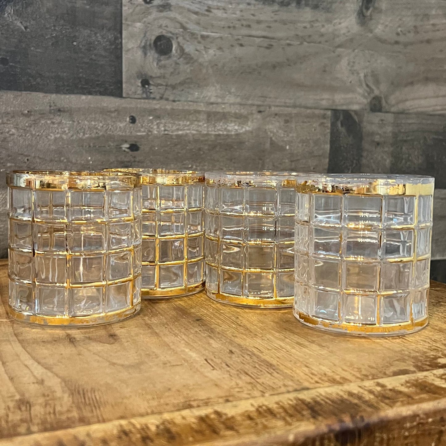 4 Vintage MCM Imperial Glass Tori de Oro 22k Gold Barware Rocks Glasses