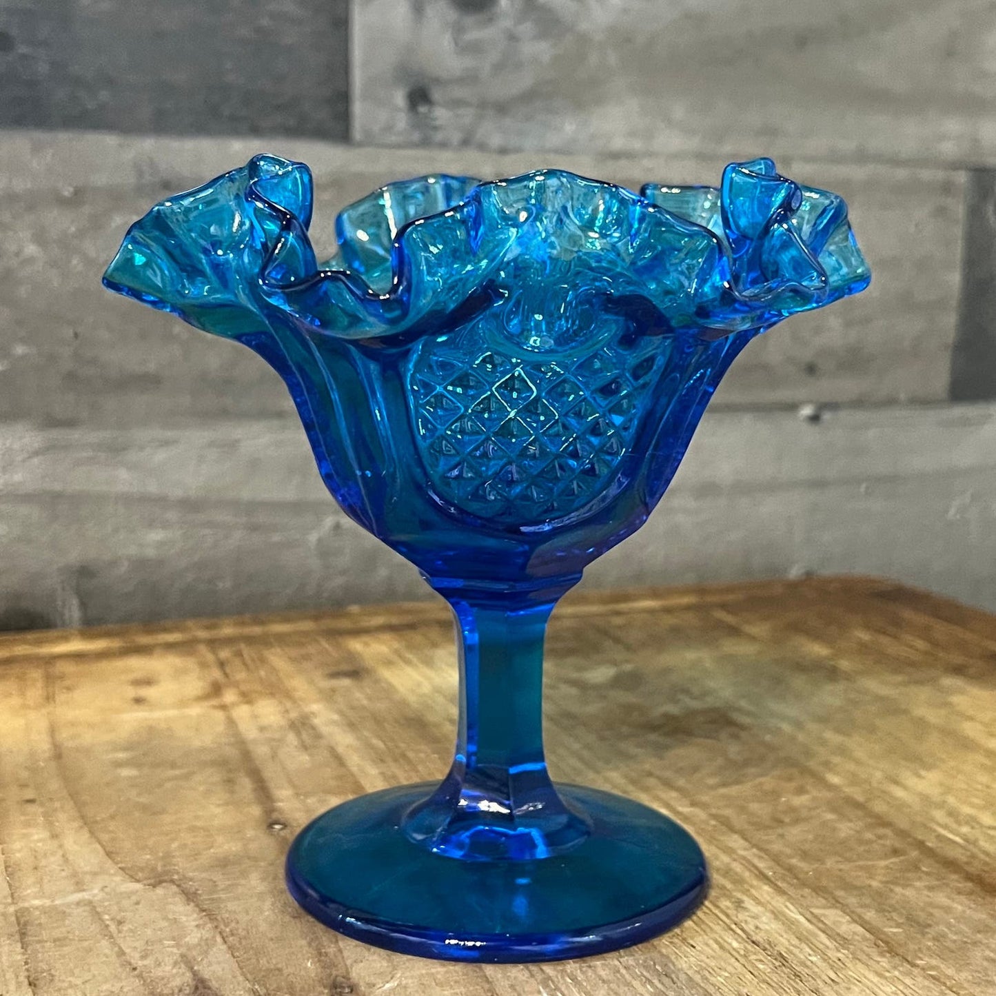 Vintage Fenton Blue Colonial Pineapple Pattern Ruffled Edge Rim Compote Long Stem Candy Dish