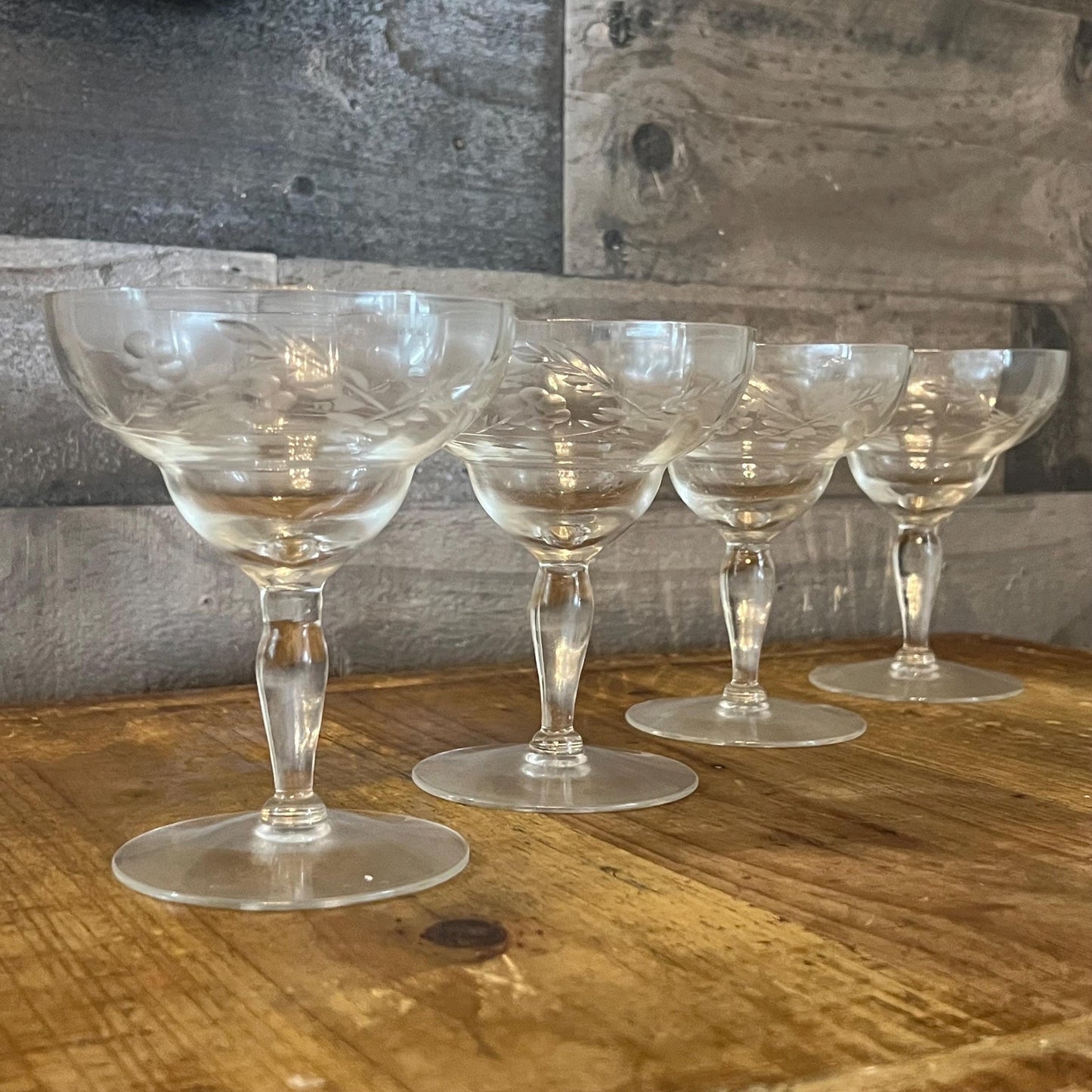 Vintage Set of 4 Crystal Floral and Leaf Etched Champagne Coupes - Cocktail Coupes