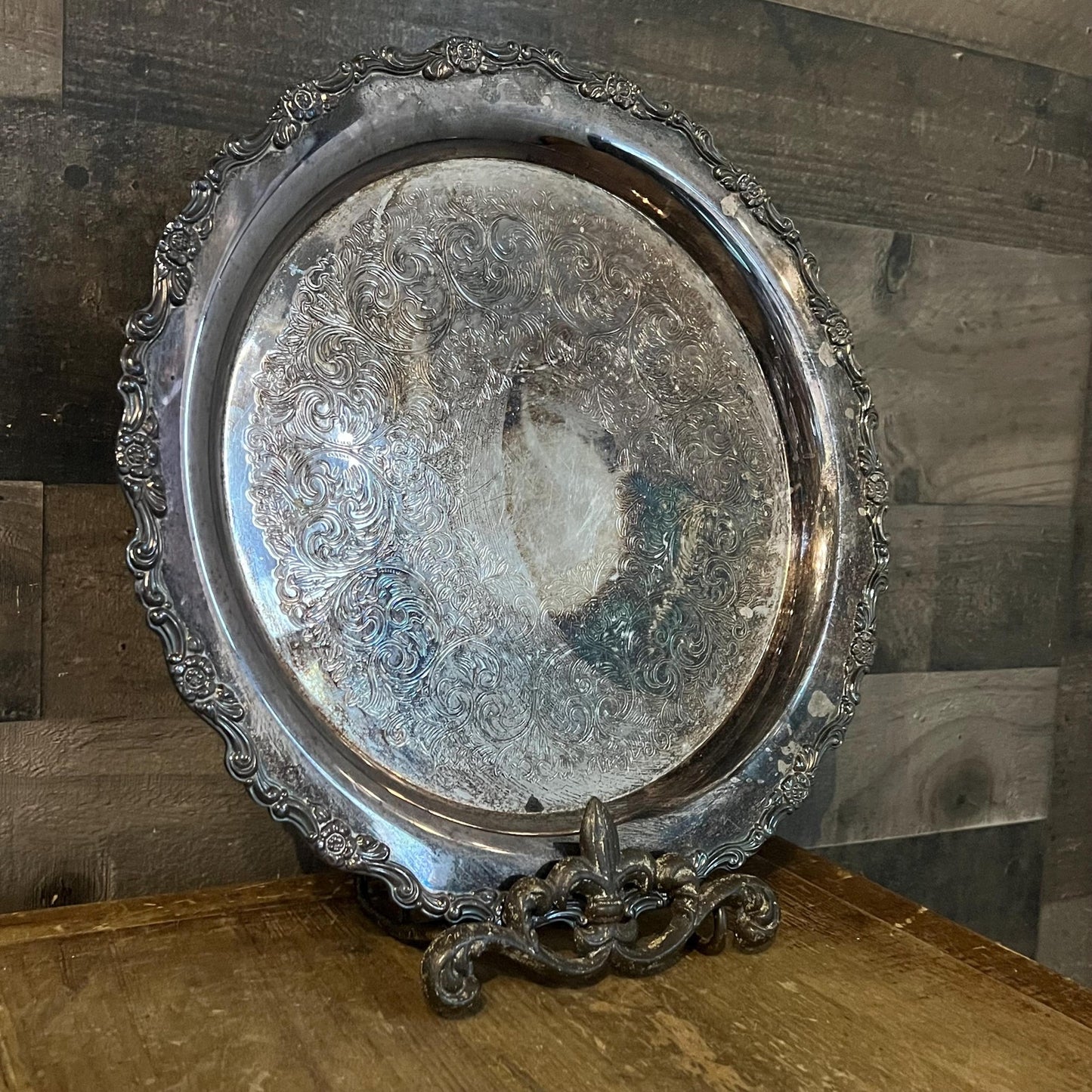 Vintage Oneida Silverplated Round Tray with Floral Scroll Rim