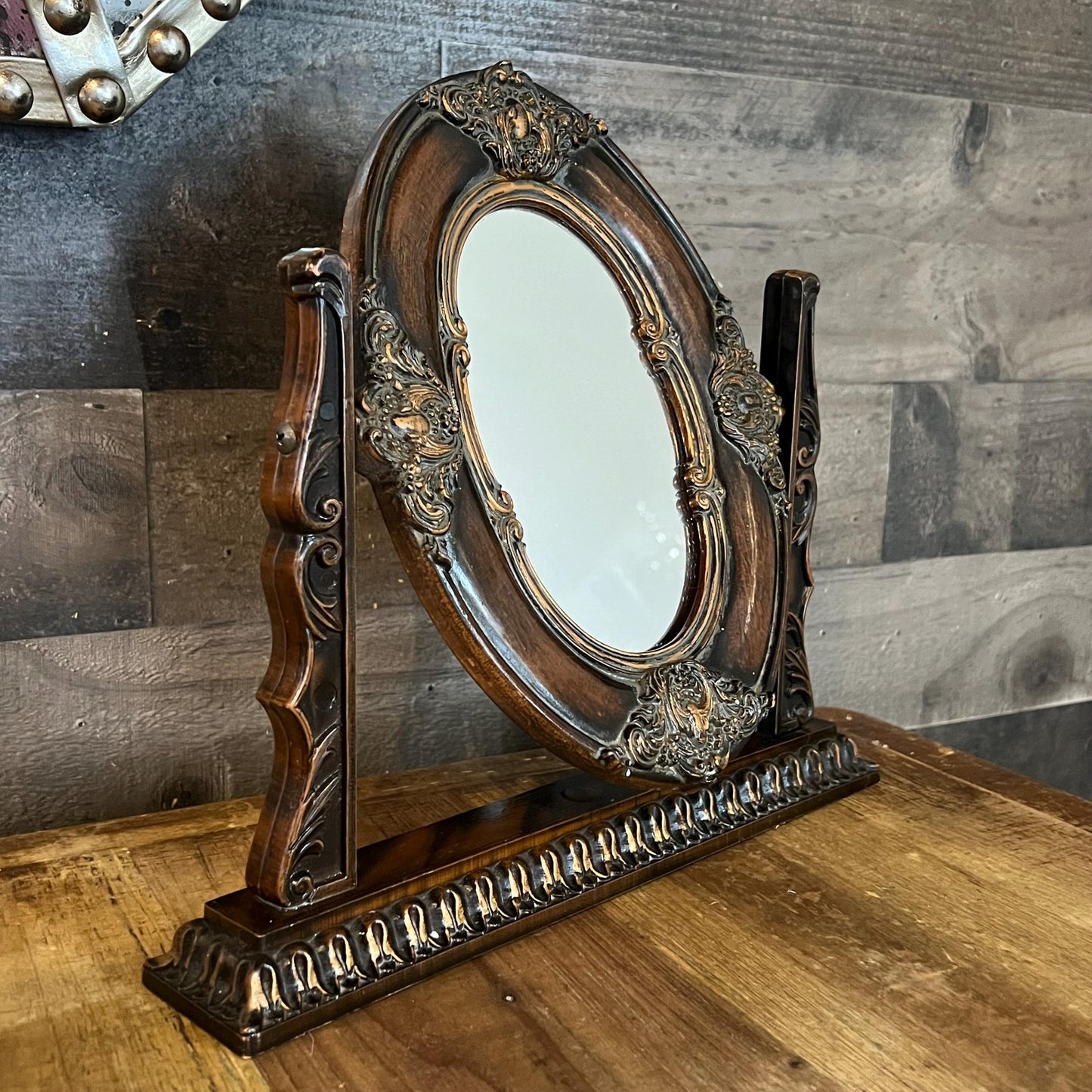 Vintage Small Brown Victorian Baroque Style Mirror on Swivel