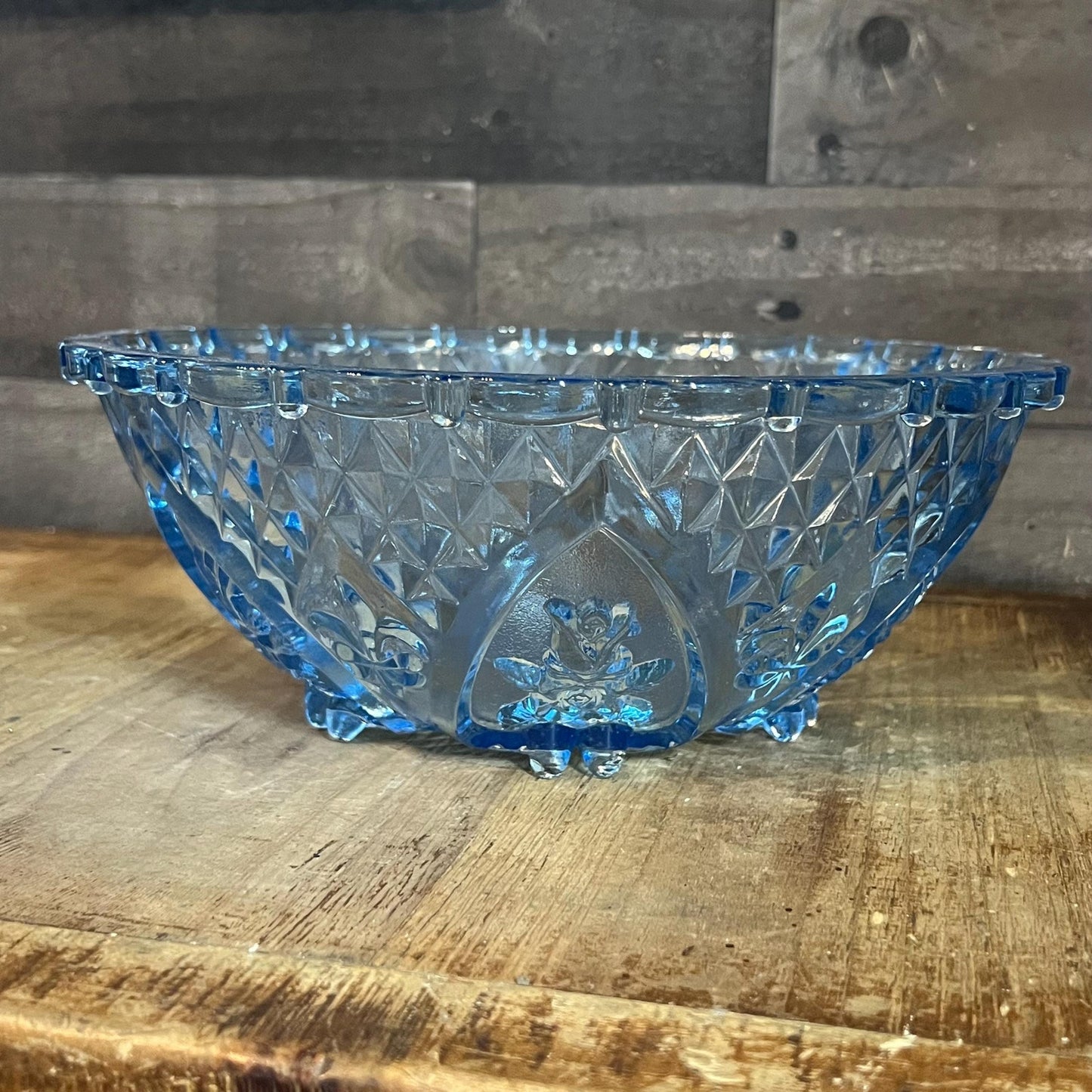 Vintage Blue Glass Footed Scallop Rim Rose and Diamond Point Bowl