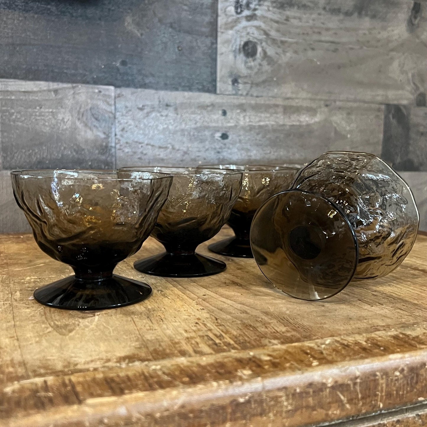 Vintage Seneca Glass Brown Glass Driftwood Short Stem Coupes - Cocktail Coupes - Dessert Glasses - Parfait Glasses - Set of 6