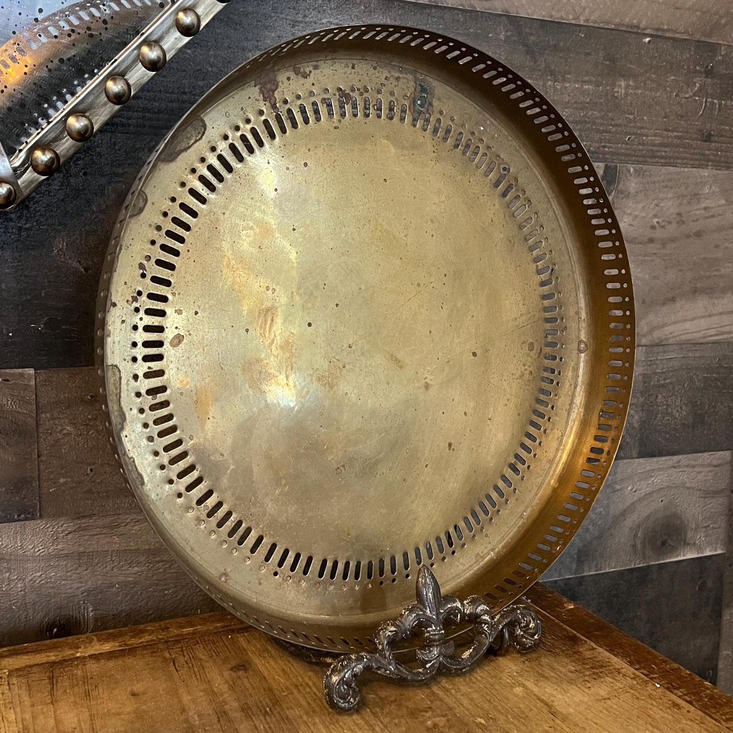 Vintage Brass Round Tray with Reticulated Edge