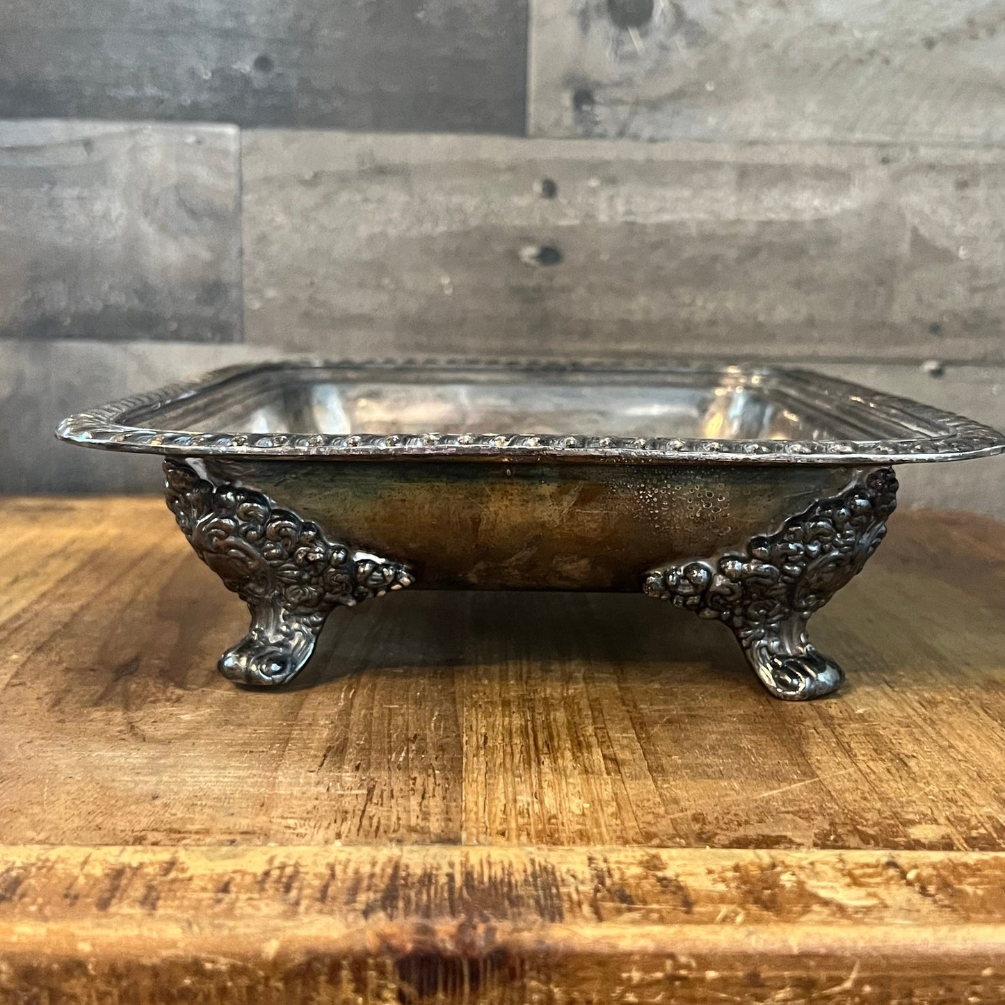 Vintage Bernard Rices Sons Apollo EPC Copper Mounts 8132 Footed Rectangular Braided Rim Silverplated Dish