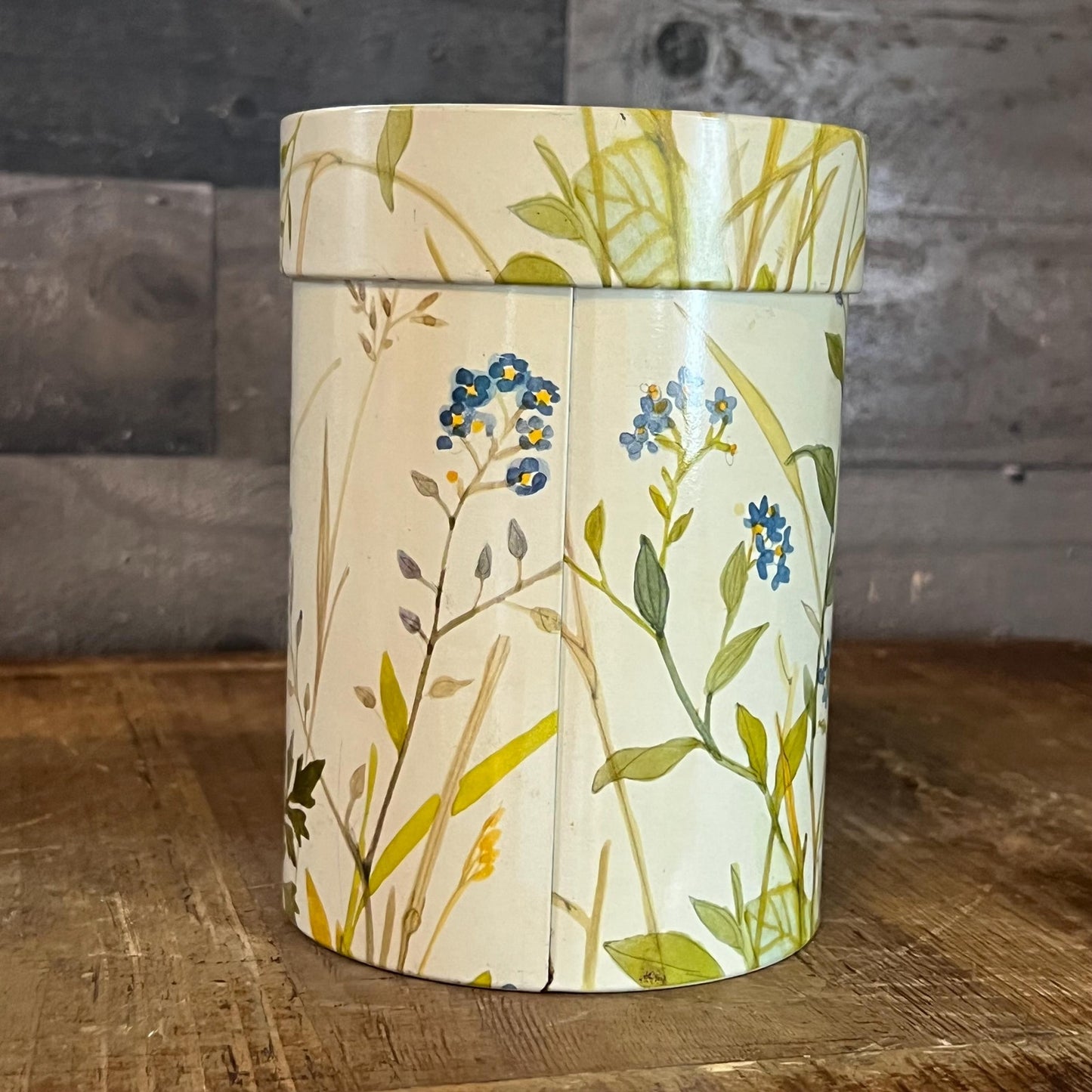 Vintage IRA Denmark Floral Cylinder Lidded Tin Jar