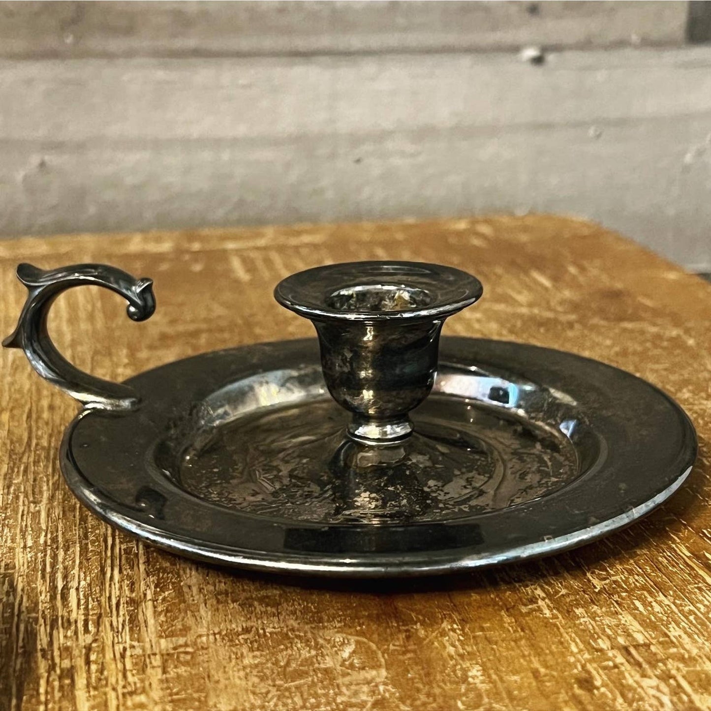 Vintage pair of aged silver tone candlestick holders - chamberstick