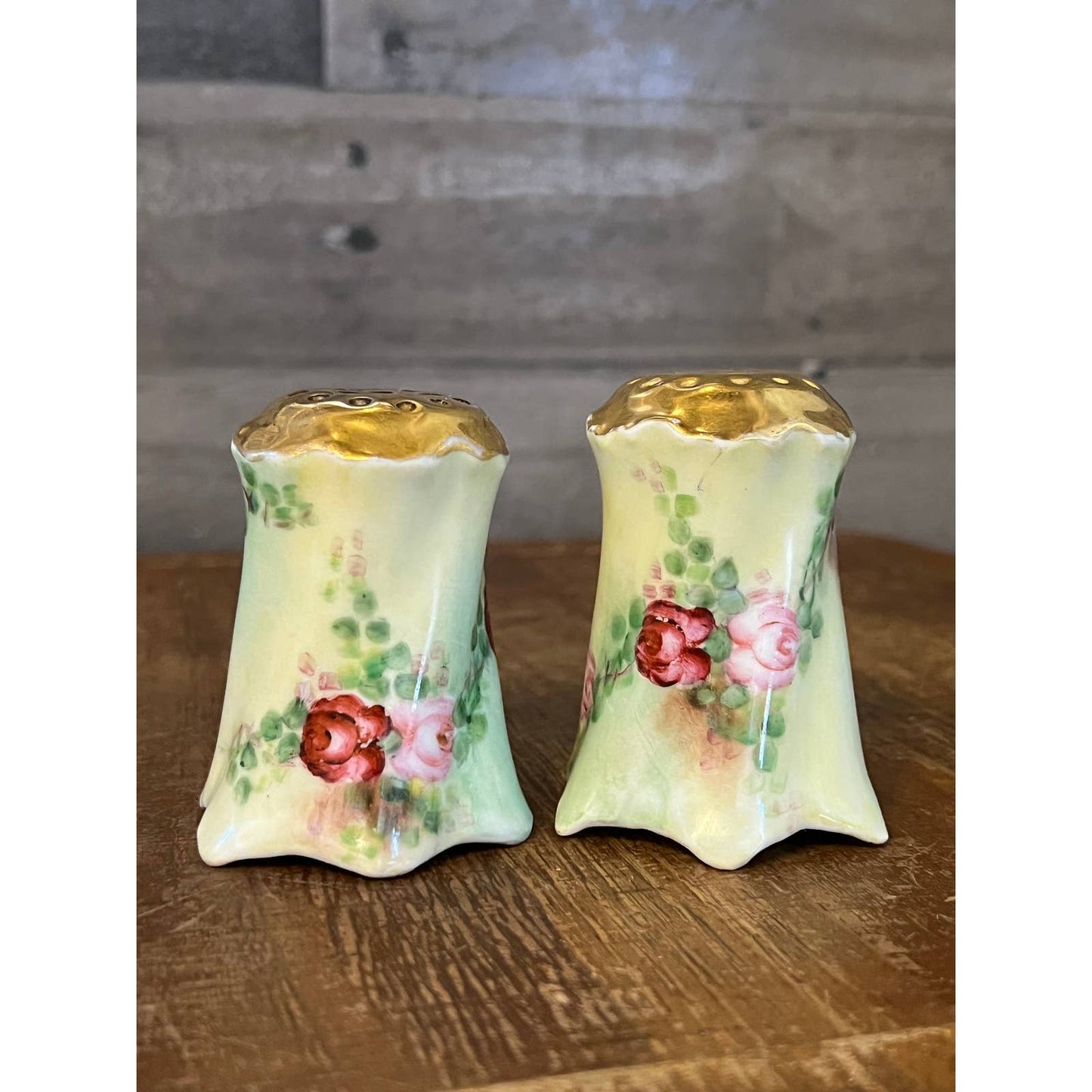 Vintage pink rose floral hand painted Versailles Bavaria salt and pepper shakers - green pink gold porcelain shakers