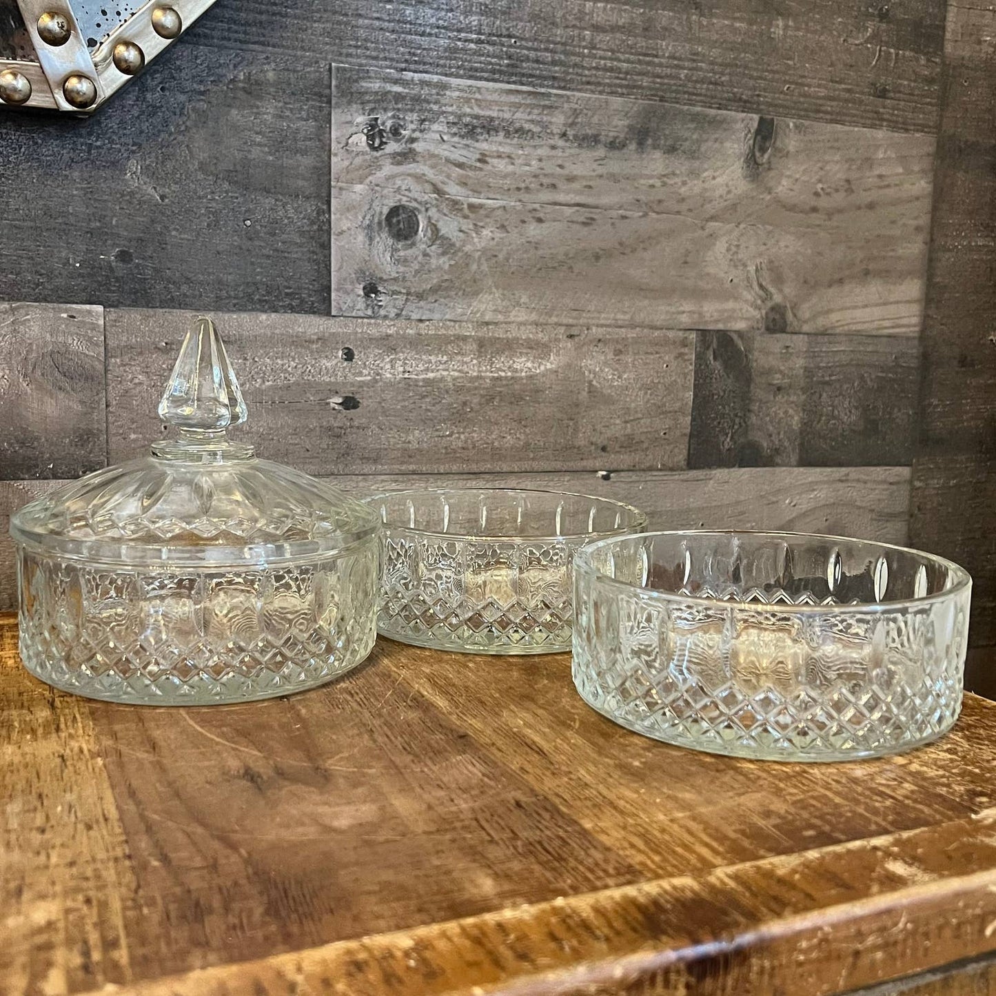 Vintage Indiana Glass 3 tier princess cut clear lidded dish