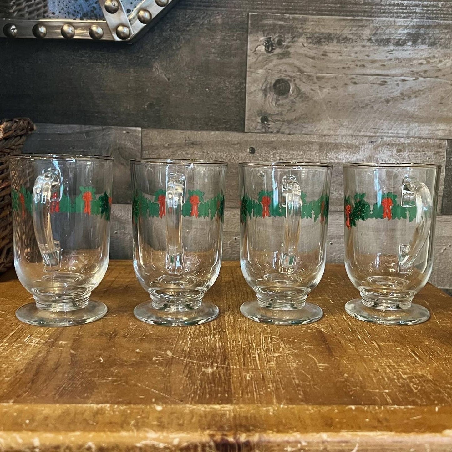 4 vintage holiday Libbey glass green garland red bows holly berries mugs