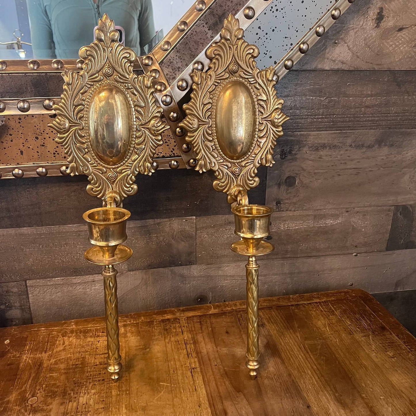 Vintage brass candlestick holder wall sconce pair