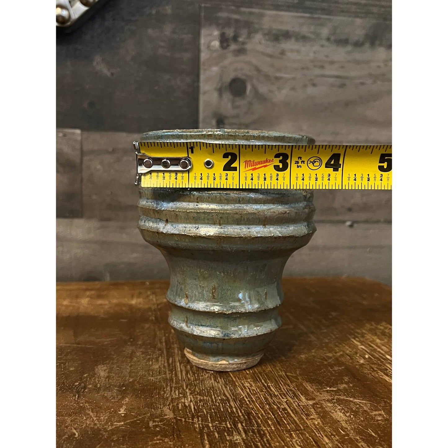 Light blue and tan glaze pottery vase - ridged vessel