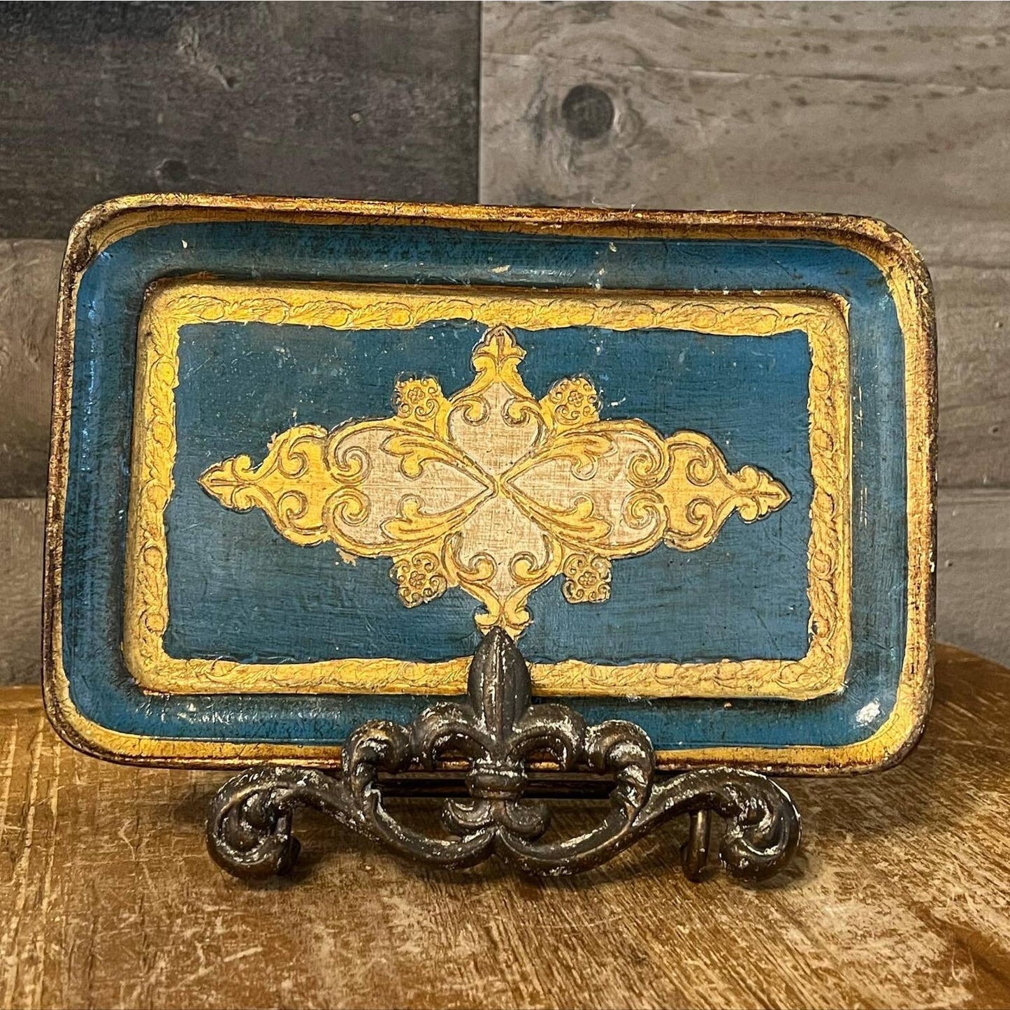 Vintage gold and turquoise blue legno gilded wood trinket tray