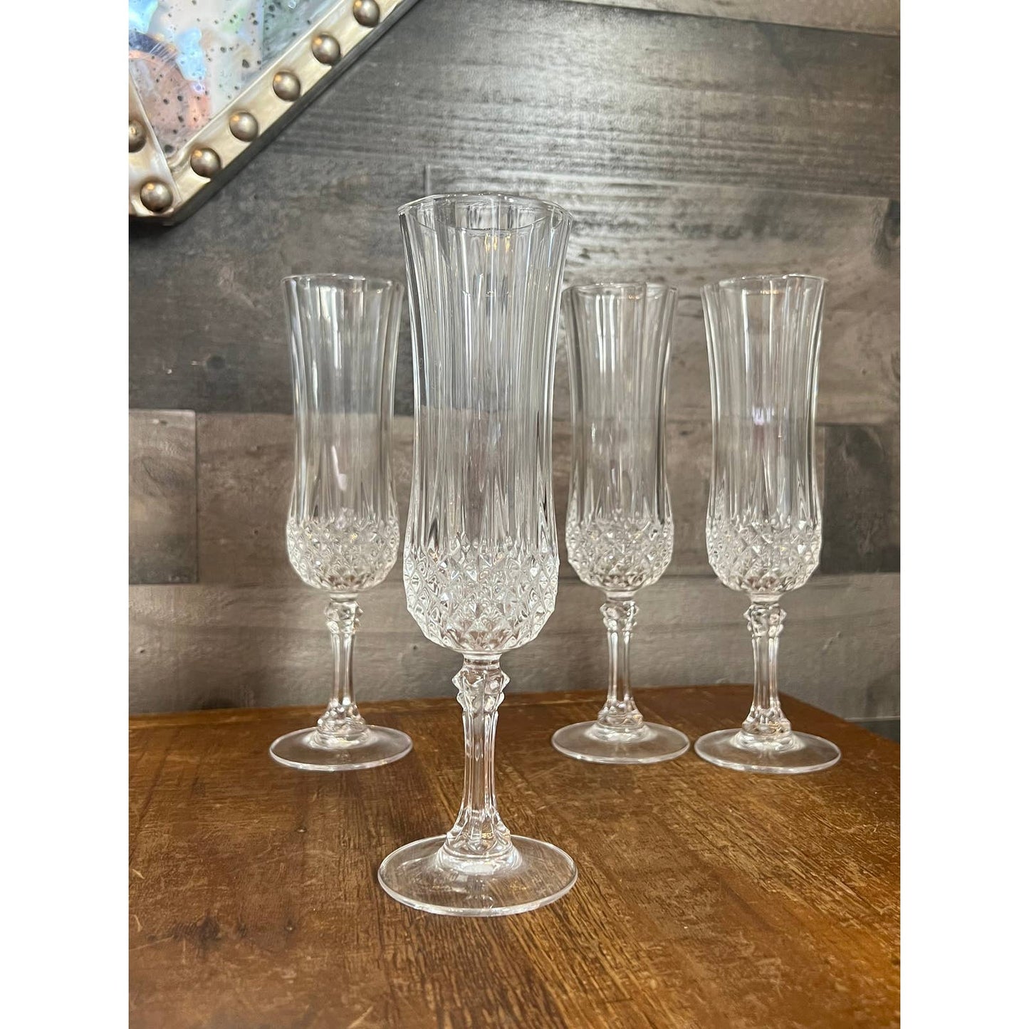 4 Vintage Cristal D’Arques Durand clear crystal faceted stem champagne glasses