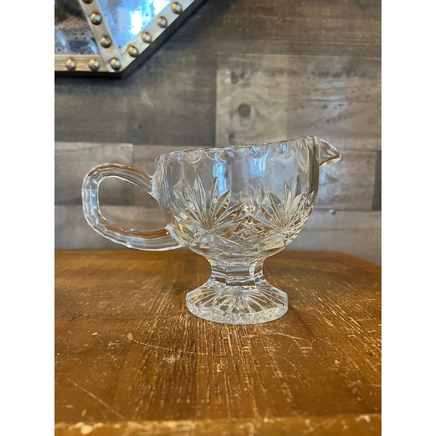 Vintage heavy crystal cut to clear pedestal gravy boat