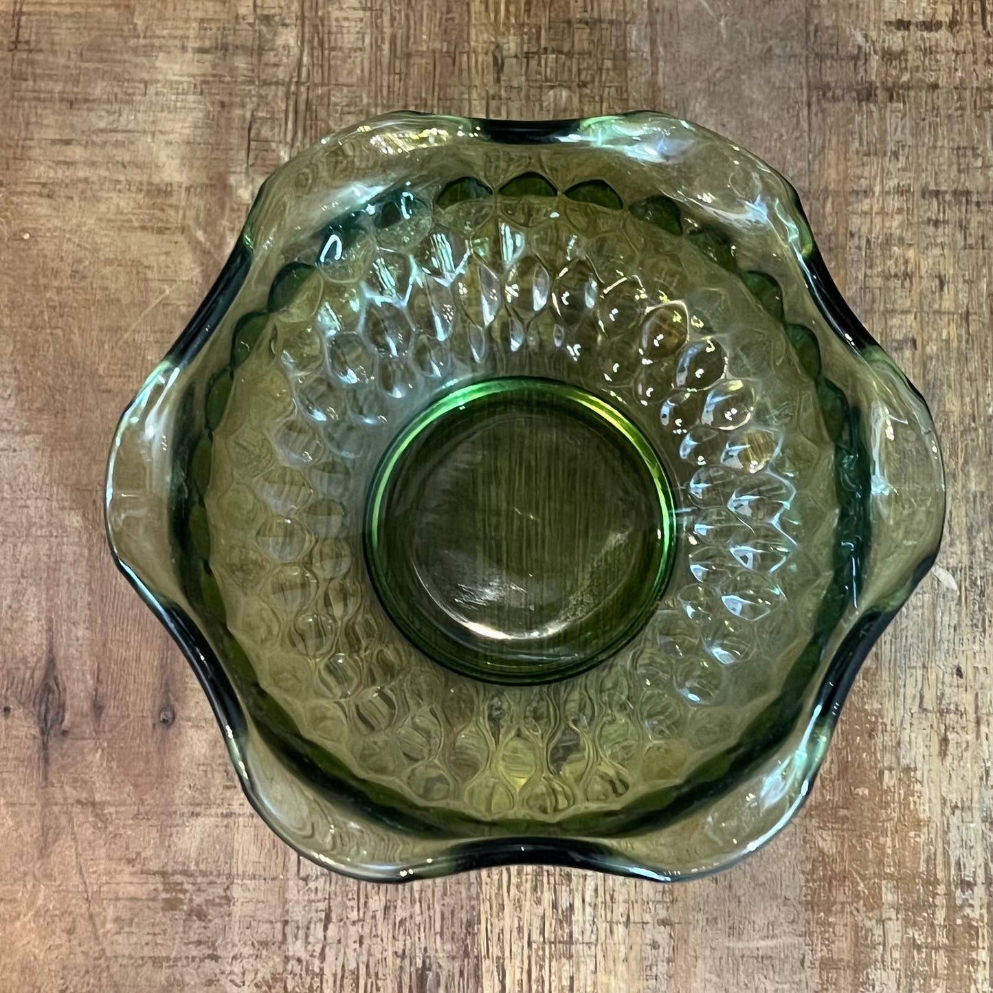 Vintage MCM avocado green ruffled wavy rim bowl
