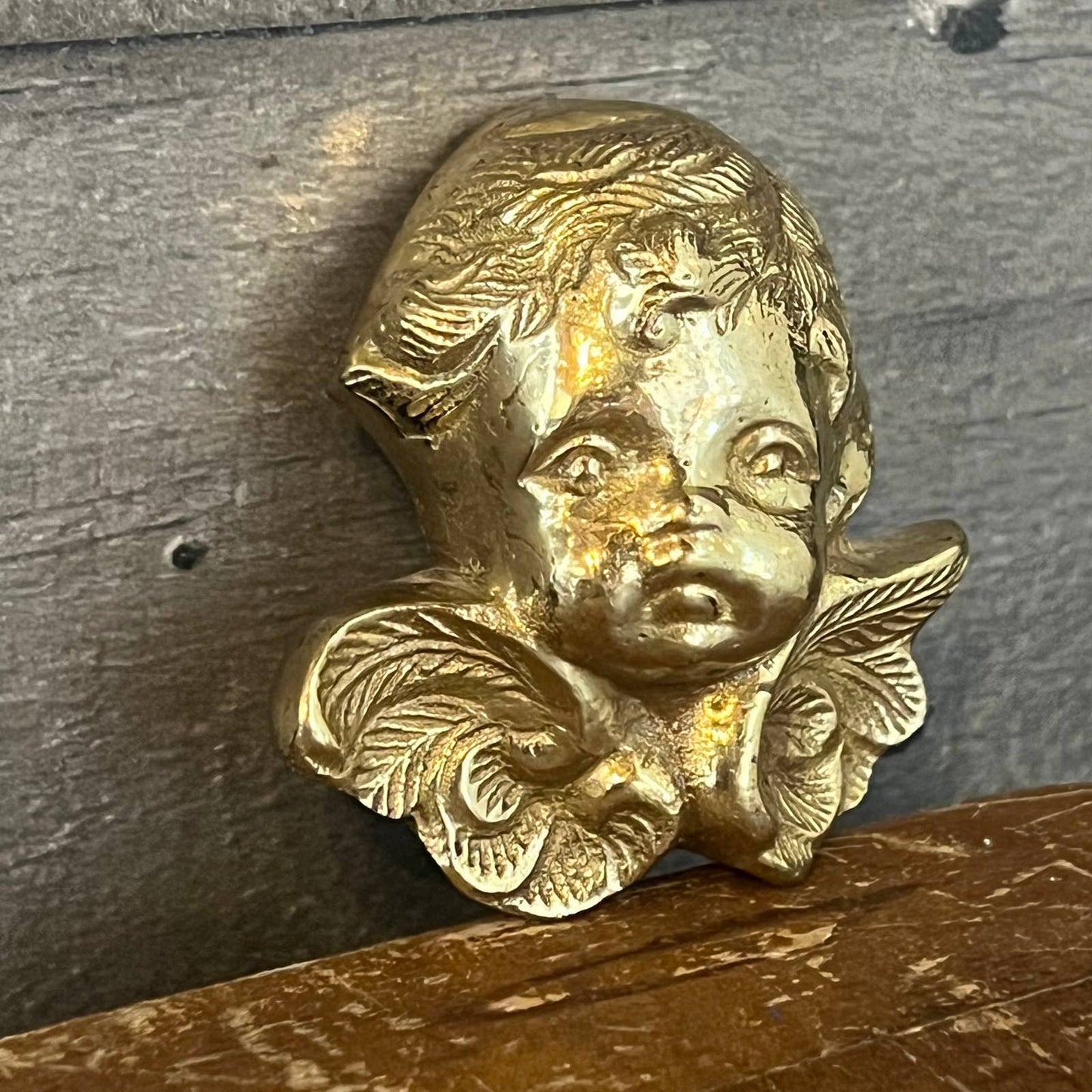 Vintage petite brass cherub angel face wall decor