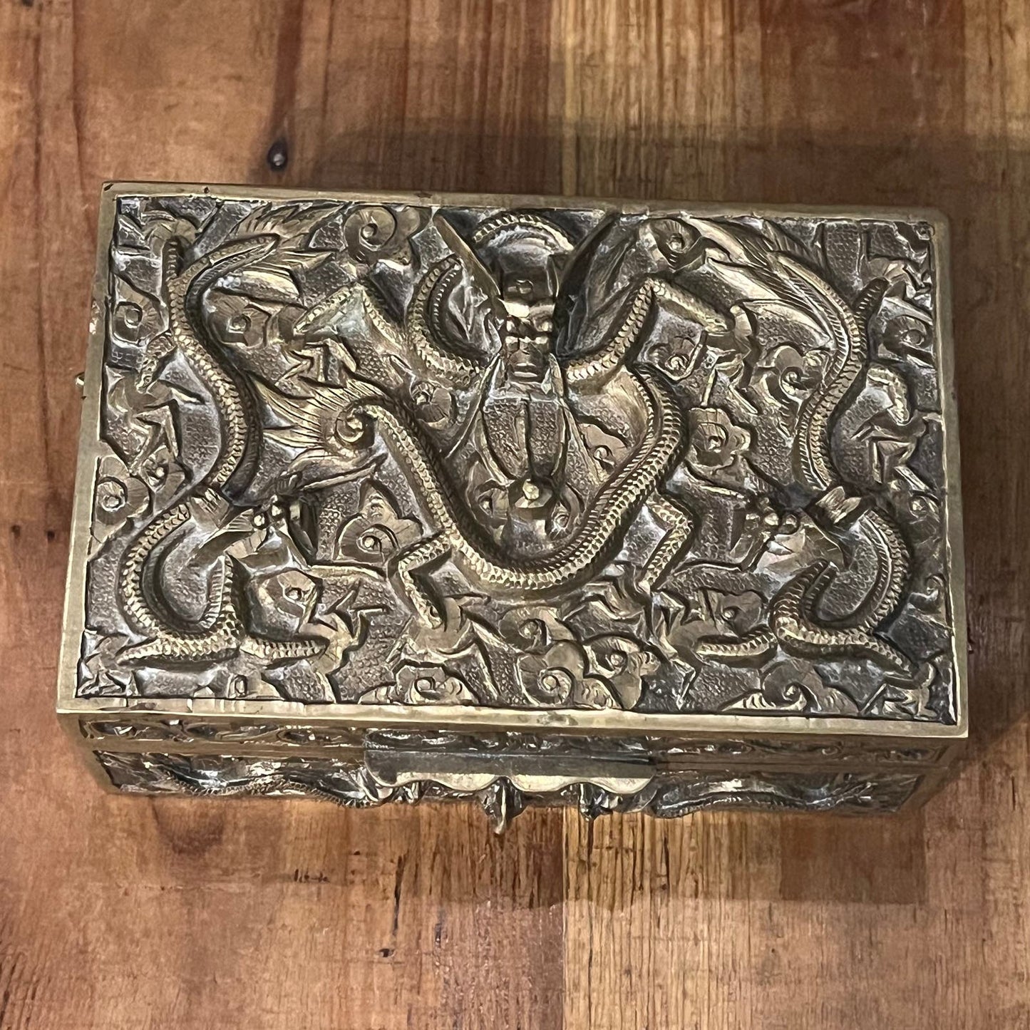Brass Dragon Motif Rectangular Trinket Box with Wood Interior
