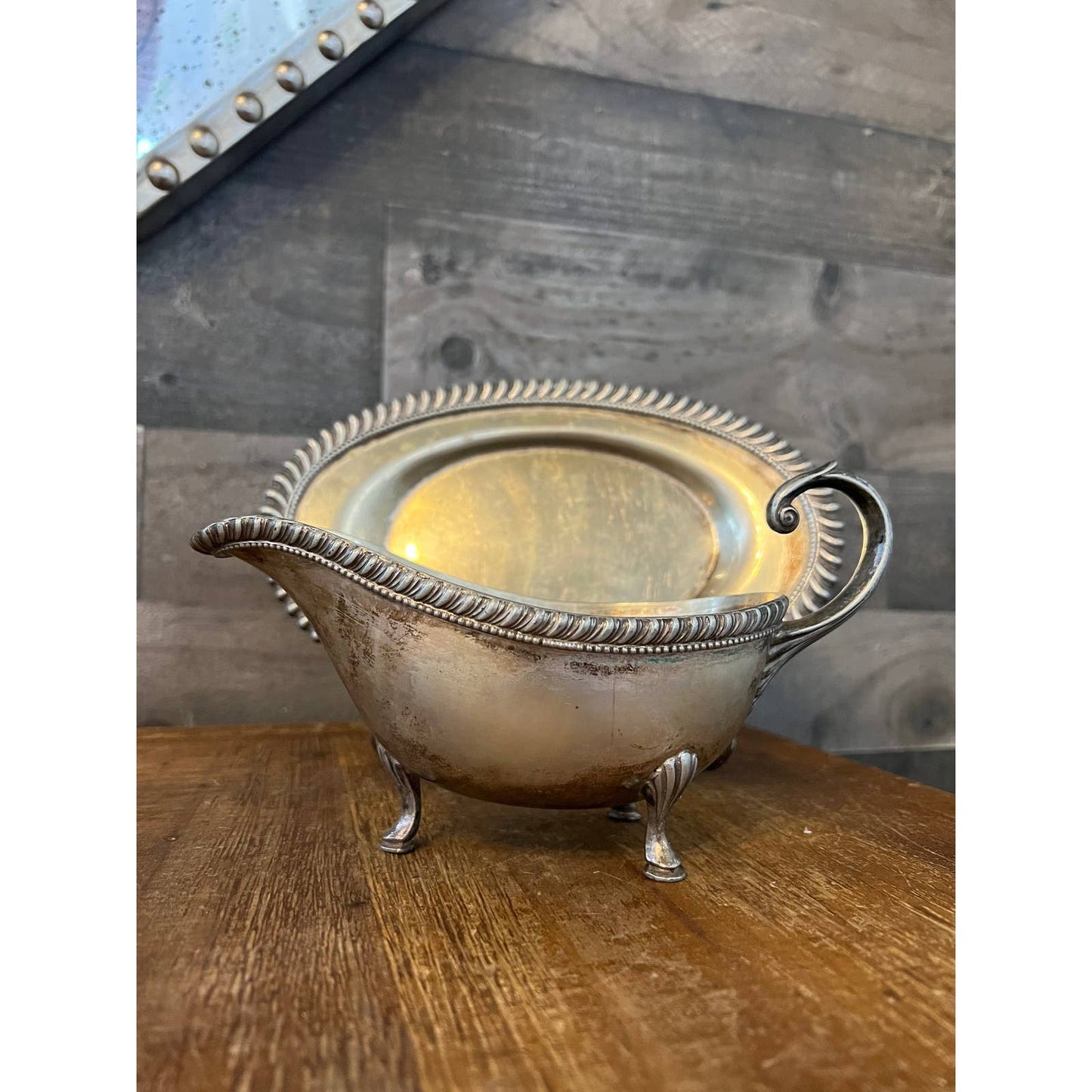 Vintage silver plate handled footed gravy boat and oval serving tray - sauce boat - cream pour