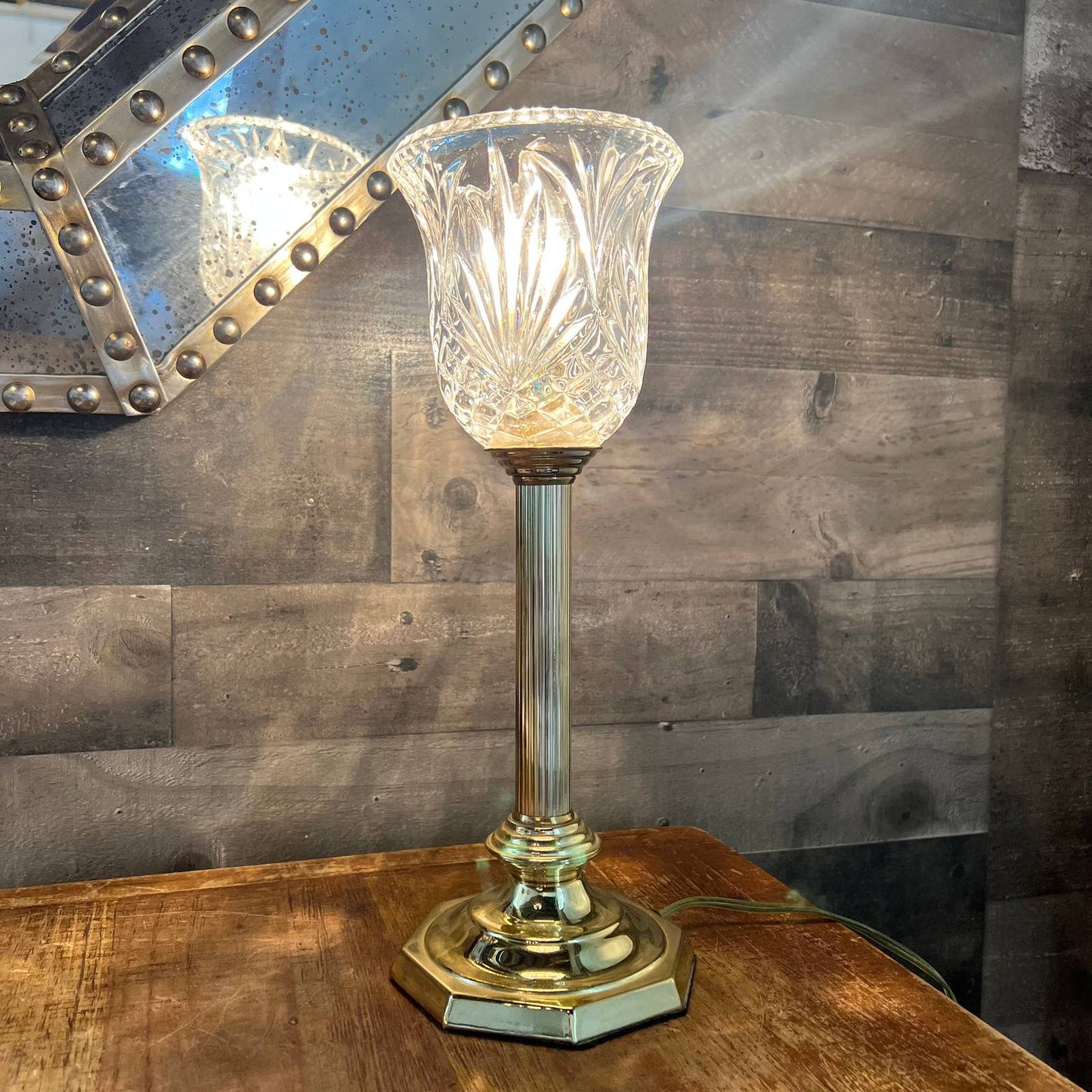 Vintage brass candlestick lamp with crystal shade